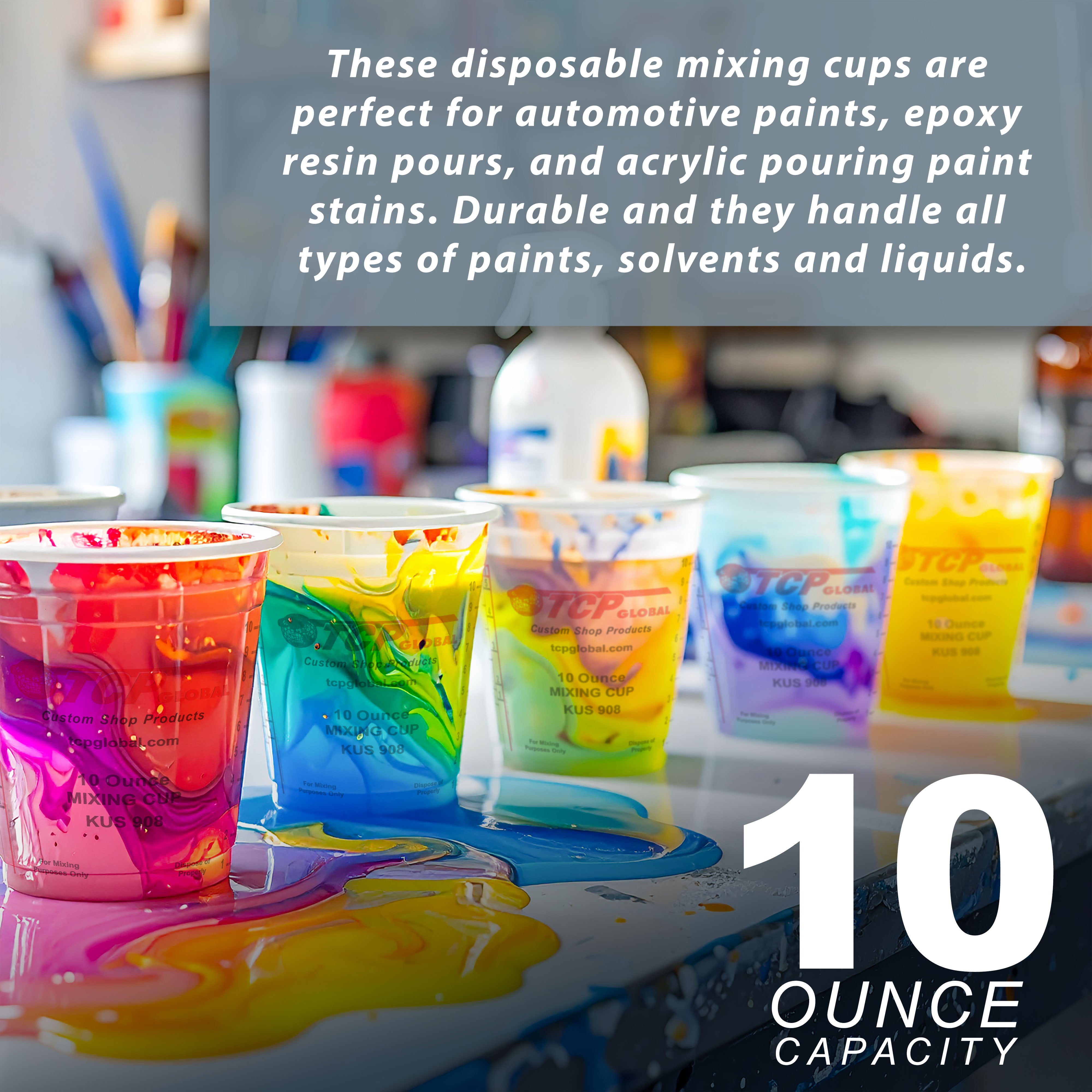 10oz Paint Mixing Cups (100-Pack) - Disposable & Reusable Plastic Measuring Cups for Automotive Painting, Epoxy Resin, Acrylic Arts & Crafts - Graduated with Mixing Ratios - Perfect for DIY Projects, Home Repairs & Professional Use