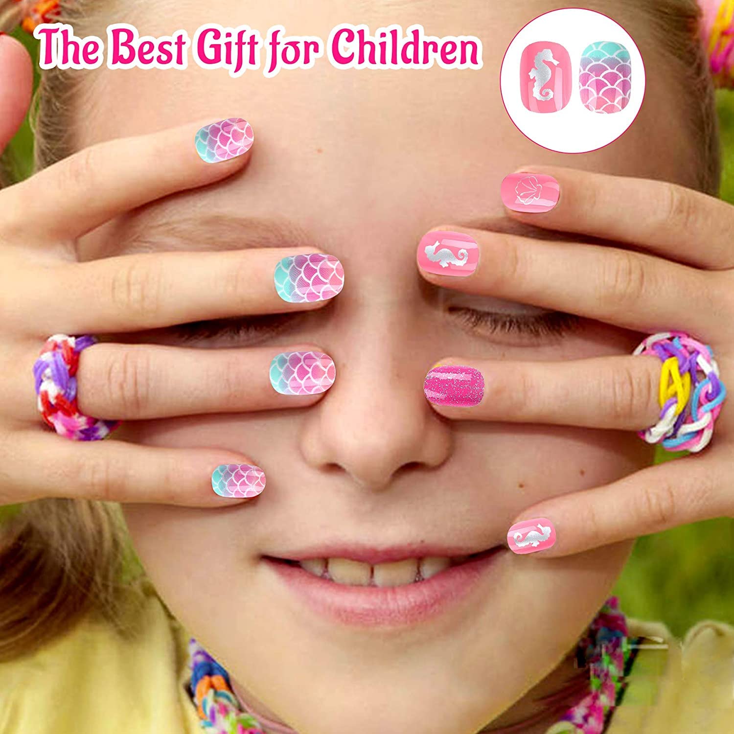 JANYUN 48 Pcs Short False Nails for Kids - Full Cover Stick on Nails for Little Girls, Non-Toxic Nail Art Gift Set - Perfect for Birthday Parties, Playdates & Dress-Up Fun