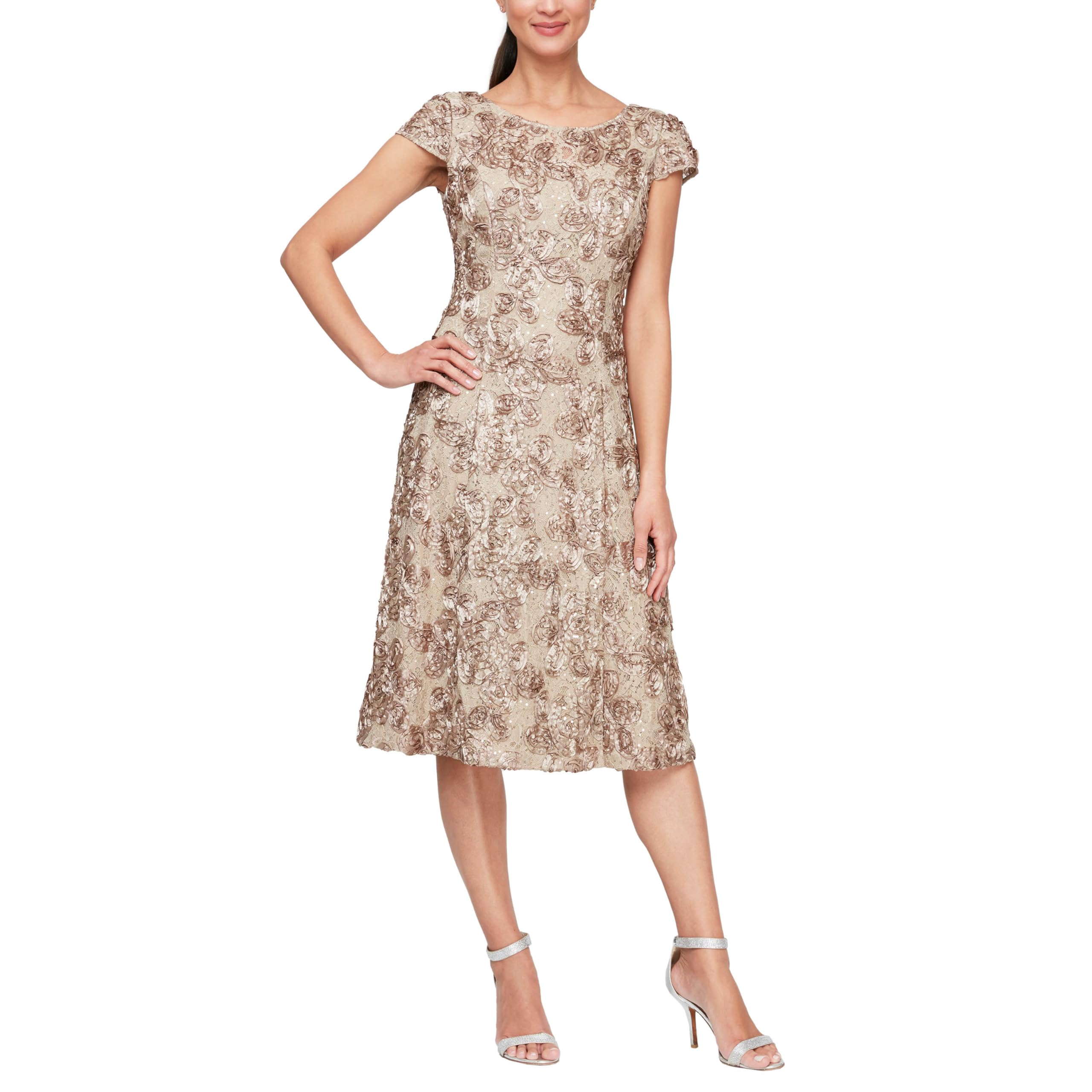 Alex Evenings Women's Tea Length Mother of The Bride Dress with Rosette Lace Detail - Formal Wedding Guest Dress for Bridal Party, Special Occasions (Petite & Regular Sizes)