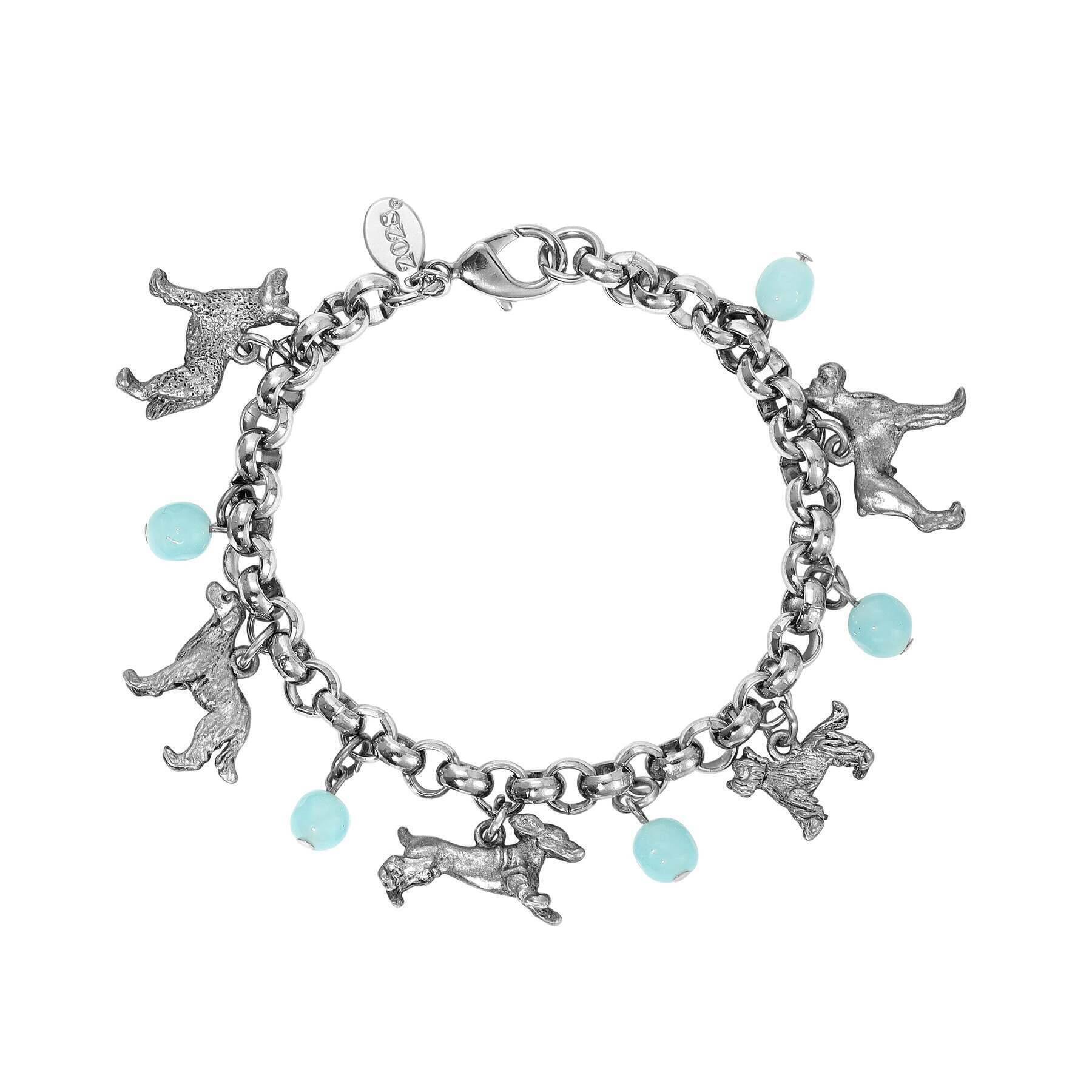 Aqua Blue Baroque Glass Beaded Dog Charm Bracelet - Vintage 1928 Jewelry for Women - Perfect Gift for Pet Lovers & Dog Owners