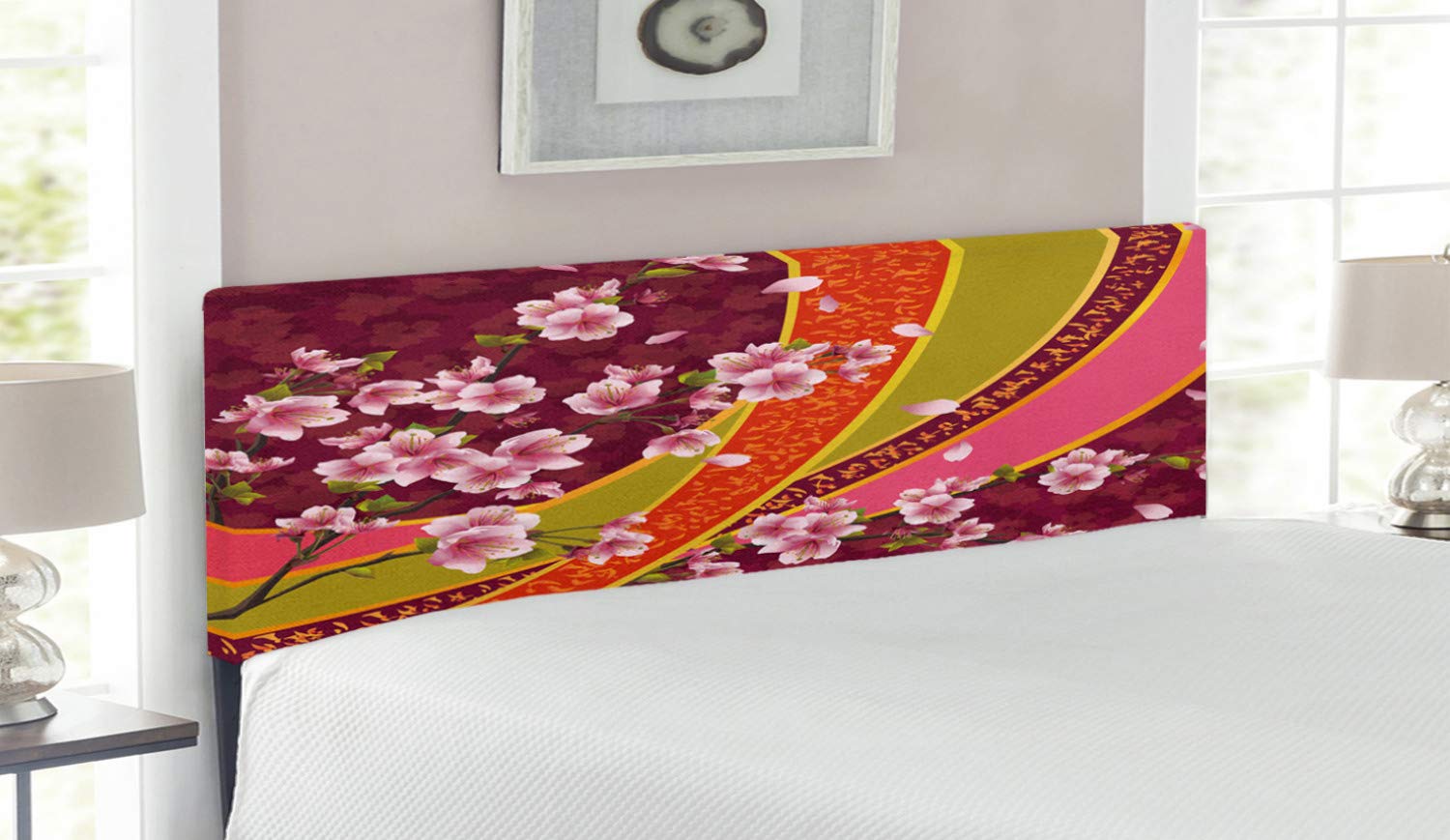 Ambesonne Floral Headboard - Oriental Sakura Blossom Japanese Cherry Tree Print Upholstered Metal Bed Headboard with Memory Foam | Queen Size Pale Pink & Orange | Perfect for Bedroom Decor, Asian-Themed Interiors & Zen Home Styling