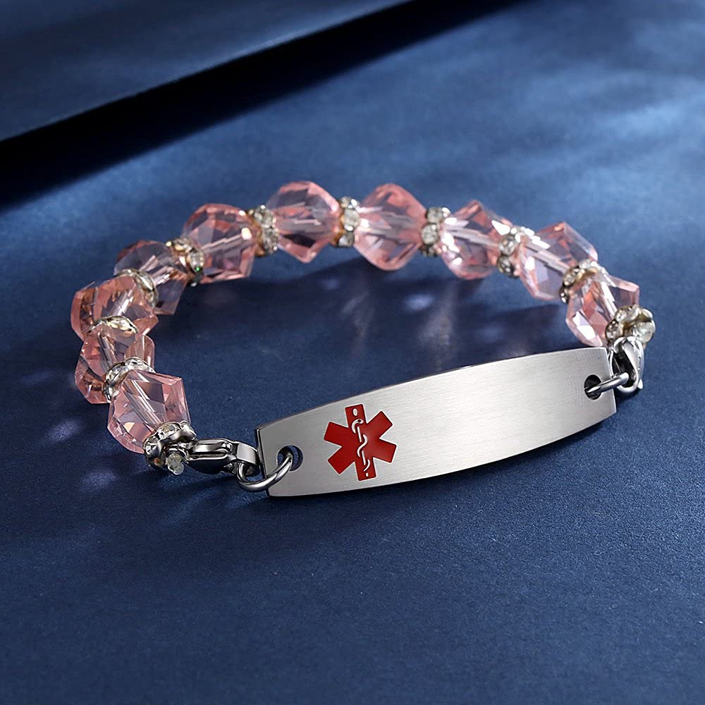 Custom Engraved Medical ID Bracelets for Women - 7.5 Inch Adjustable Beaded Alert Bracelet with Interchangeable Charms | Perfect for Diabetes, Allergies & Emergency Medical Identification