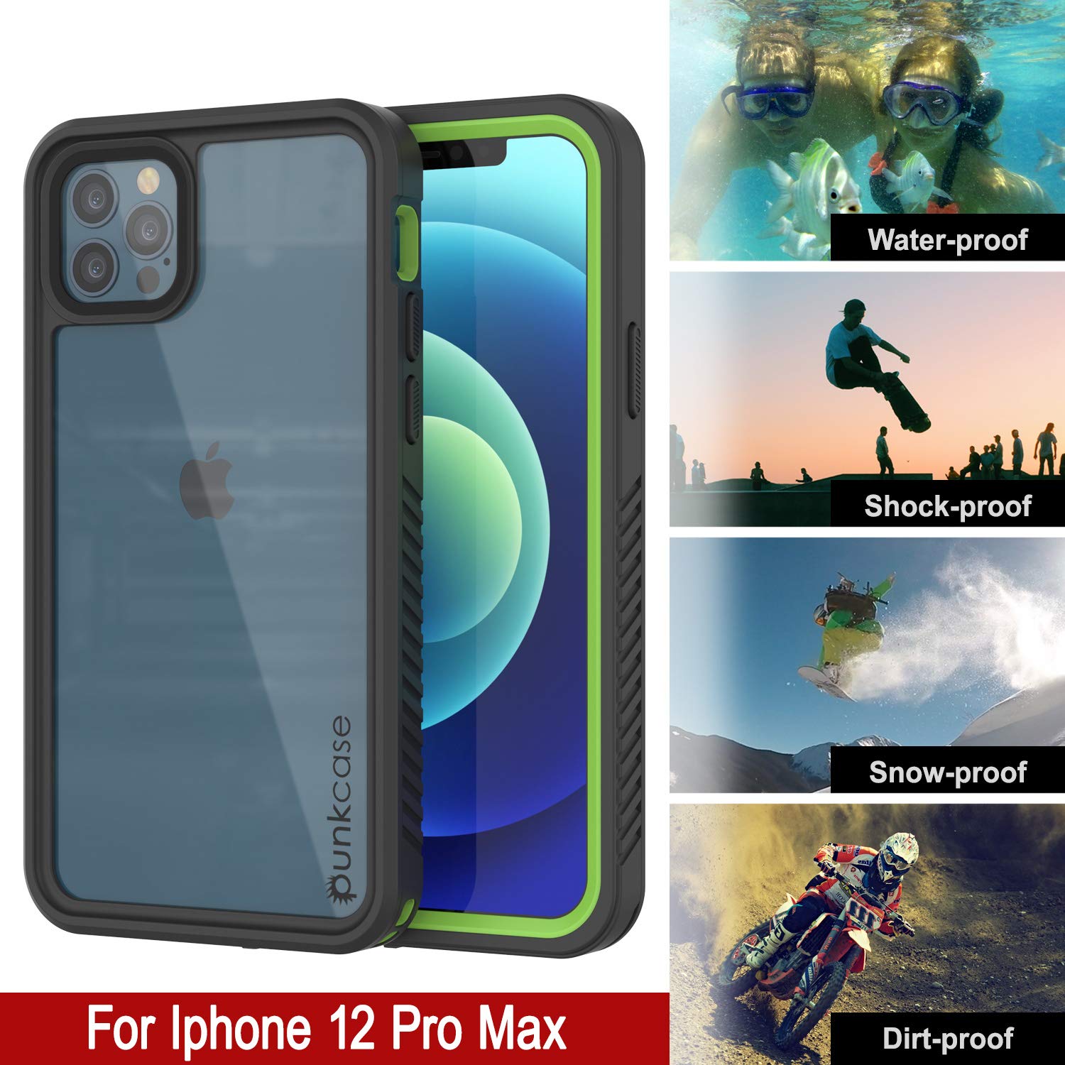 Punkcase for iPhone 12 Pro Max Waterproof Case - IP68 Certified Shockproof Snowproof Slim Fit Armor Cover with Built-in Screen Protector | Perfect for Outdoor Adventures, Hiking, Swimming & Extreme Sports (Green, 6.7 Inch)