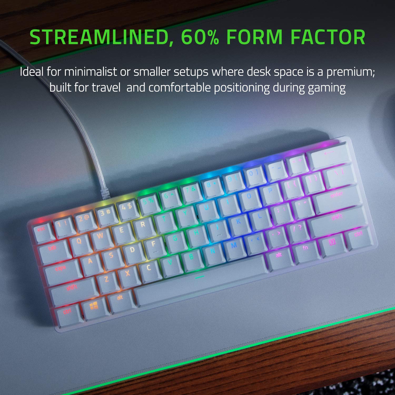 Razer Huntsman Mini 60% Mechanical Gaming Keyboard - Linear Optical Switches for Ultra-Fast Response - Customizable Chroma RGB Backlighting - Durable PBT Keycaps - Compact Design for Esports & Office Use - Perfect for Gaming, Typing & Streamers (White)