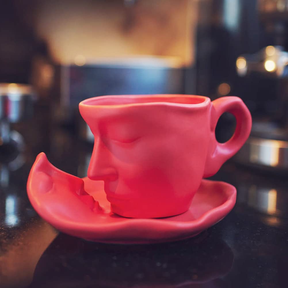 Creative Face Mug Set - 4-Piece Ceramic Coffee Cups & Saucers for Espresso, Cappuccino, Latte - Fun Tea Drinking Cups - Microwave & Dishwasher Safe (Red) - Perfect for Home, Office & Gifts
