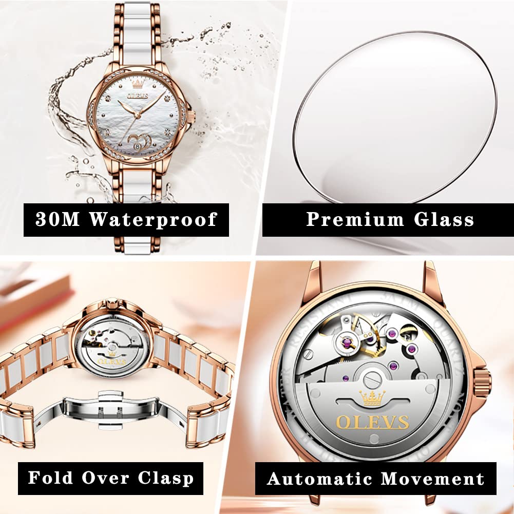 OLEVS Rose Gold Women's Automatic Watch with Two-Tone Stainless Steel & Ceramic Bracelet, Diamond-Accented Self-Winding Watch - Red/Blue/White Dial (No Battery Required) - Perfect for Business, Party & Everyday Wear