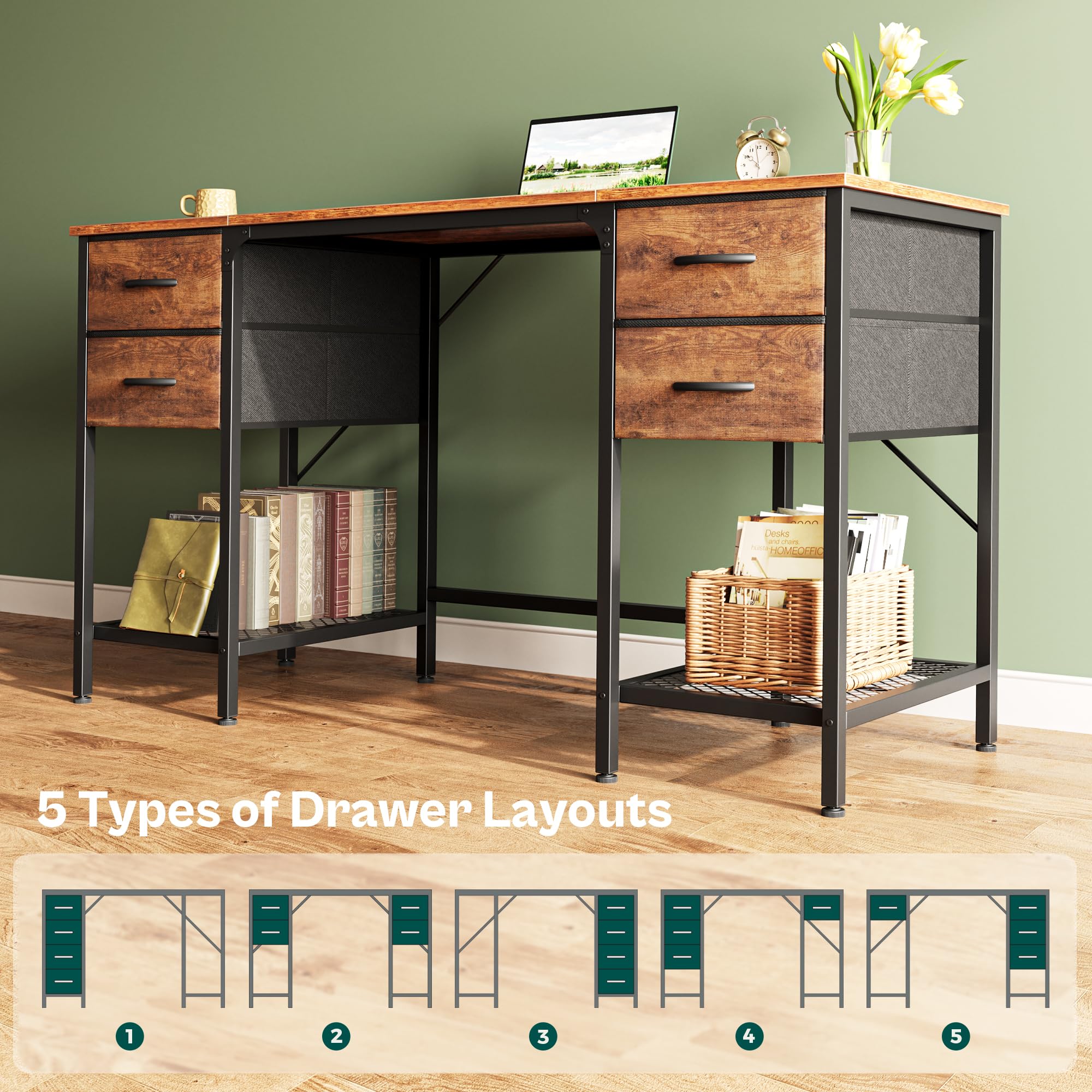 Huuger 55 Inch Computer Desk with 4 Drawers & Mesh Shelf - Large Rustic Brown Office Desk for Home, Gaming, Study & Work from Home - Perfect for Small Spaces & Bedroom Workspaces