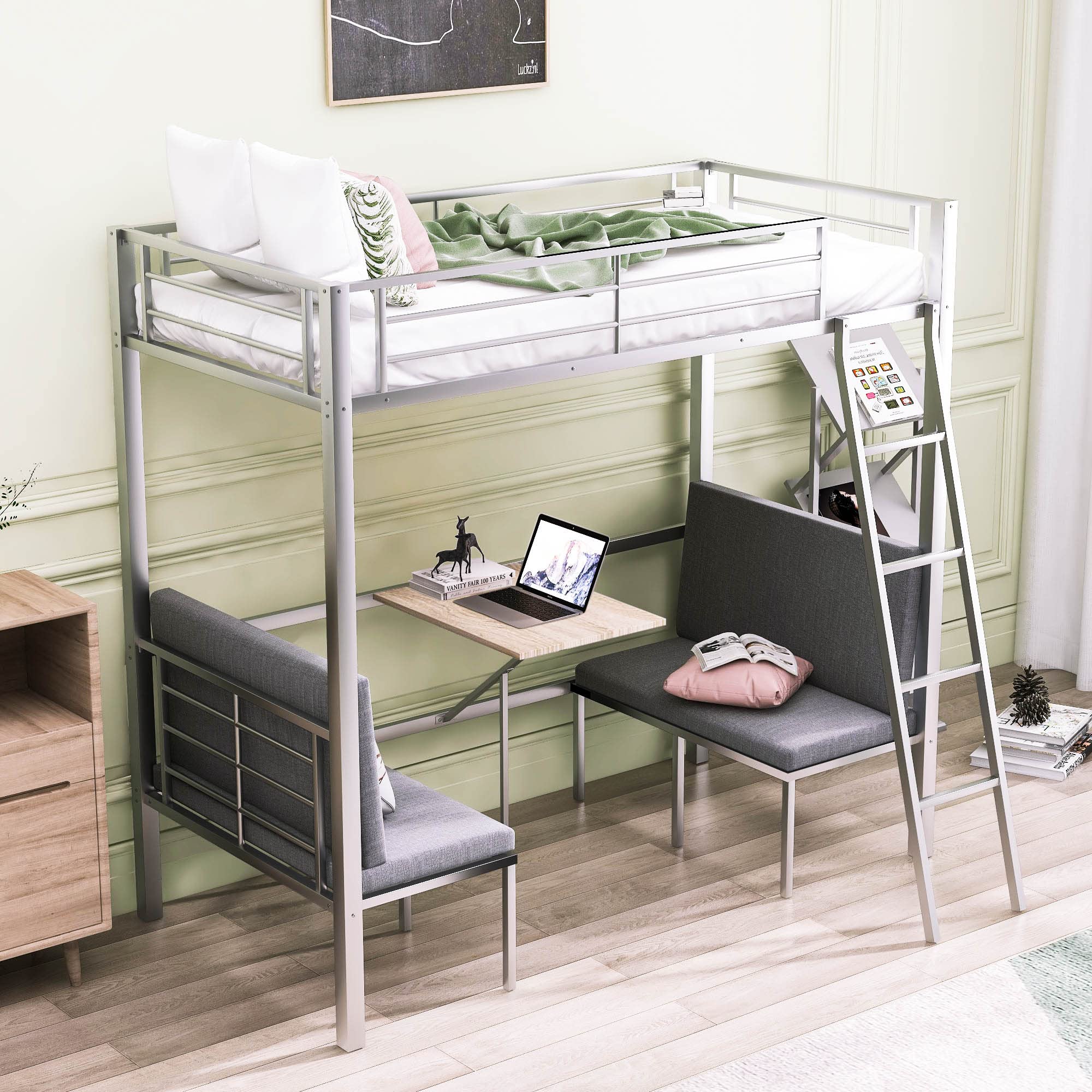 Metal Loft Bed with Desk & Shelves - Twin Space-Saving Bed Frame for Small Rooms