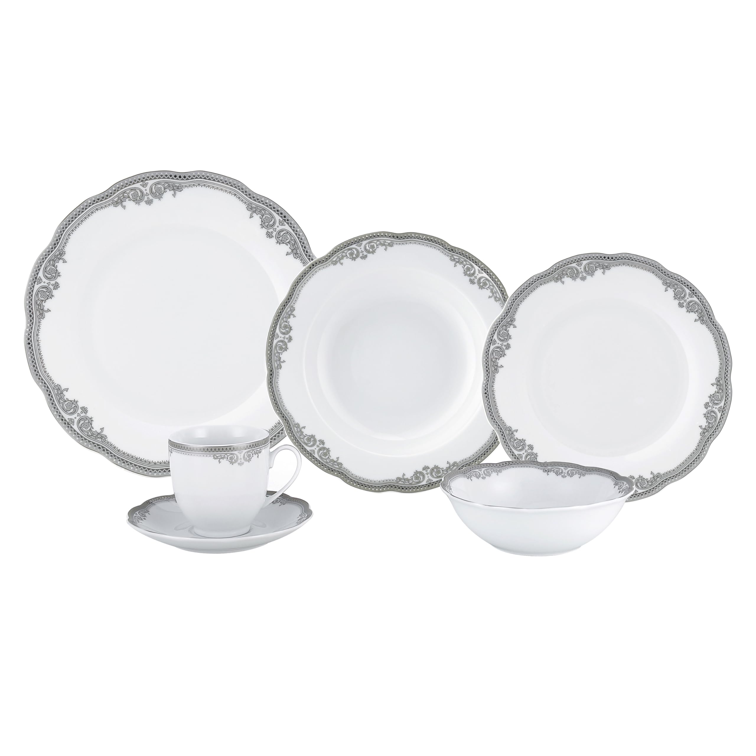 Lorren Home Trends 24-Piece Elizabeth Design Porcelain Dinnerware Set with Wavy Edge - White Elegant Tableware for Fine Dining, Dinner Parties & Home Decor