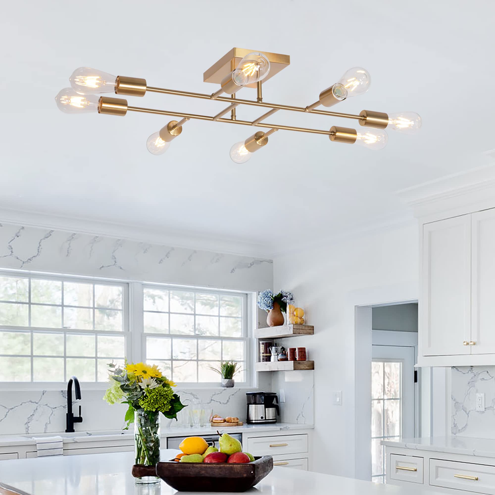 Mid Century Modern Ceiling Light Fixture - Industrial Semi Flush Mount Chandelier with Brushed Brass Finish, 8-Light Kitchen Pendant for Dining Room, Bedroom & Living Room - Perfect for Vintage Home Decor and Open Concept Spaces