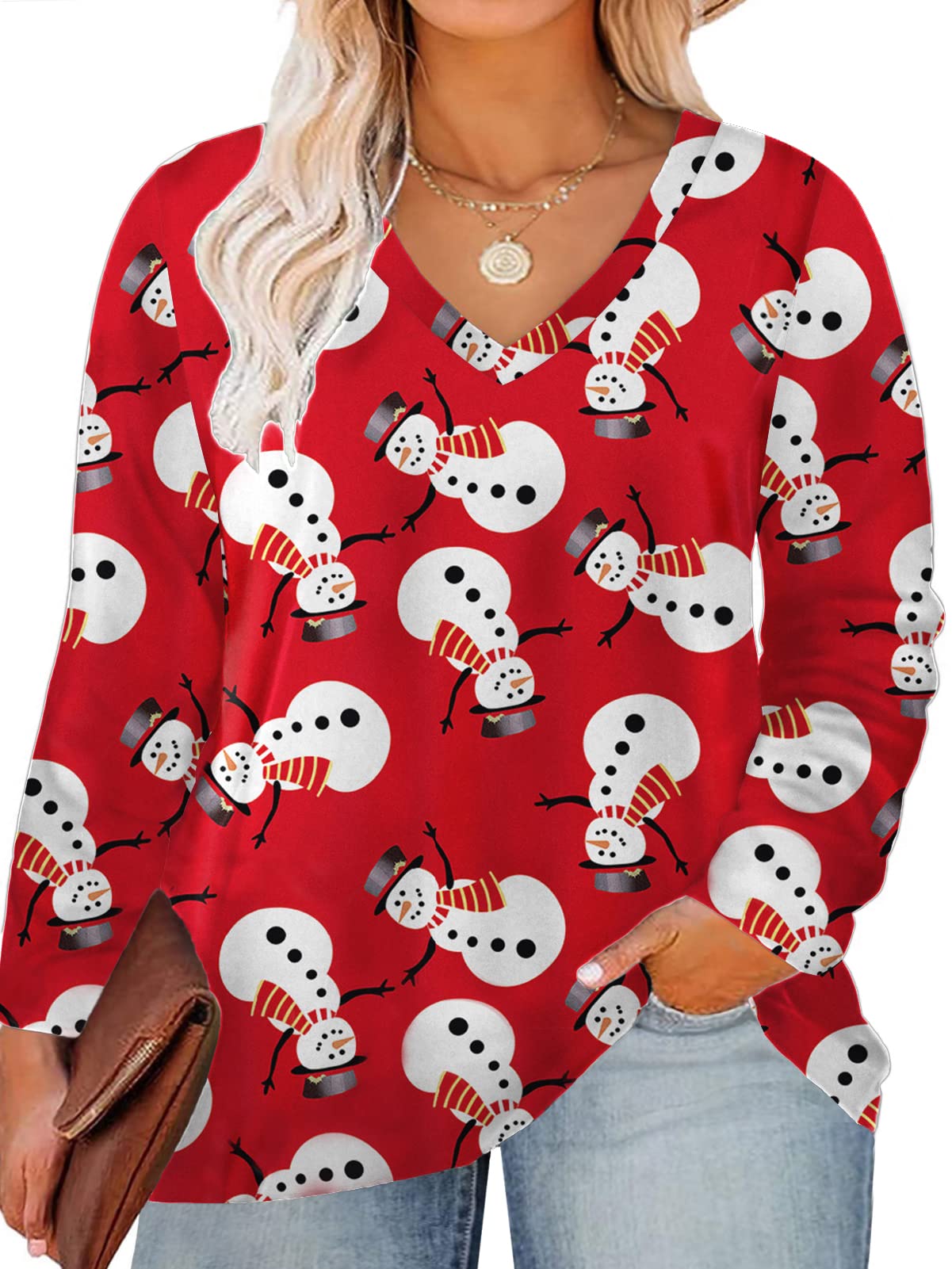 ROSRISS Women's Plus Size Long Sleeve V-Neck Tunic Tops - Solid Color Blouses & Casual Tees for Work, Office & Everyday Wear