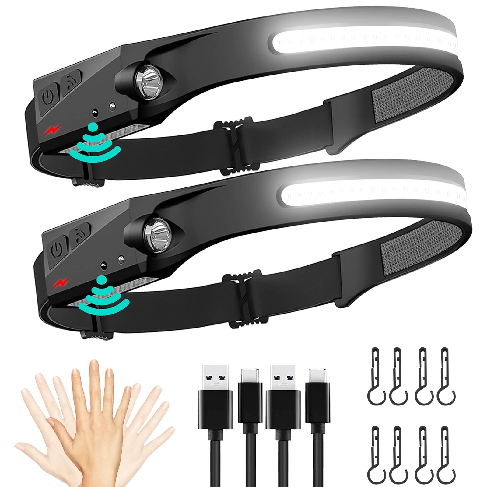 FBKK Rechargeable LED Headlamp 2 Pack - 230° Wide Beam Headlamp with Motion Sensor, IPX4 Waterproof & Lightweight Headlight Flashlight for Camping, Hiking, Running, Fishing, Cycling - Perfect for Adults & Kids Outdoor Adventures