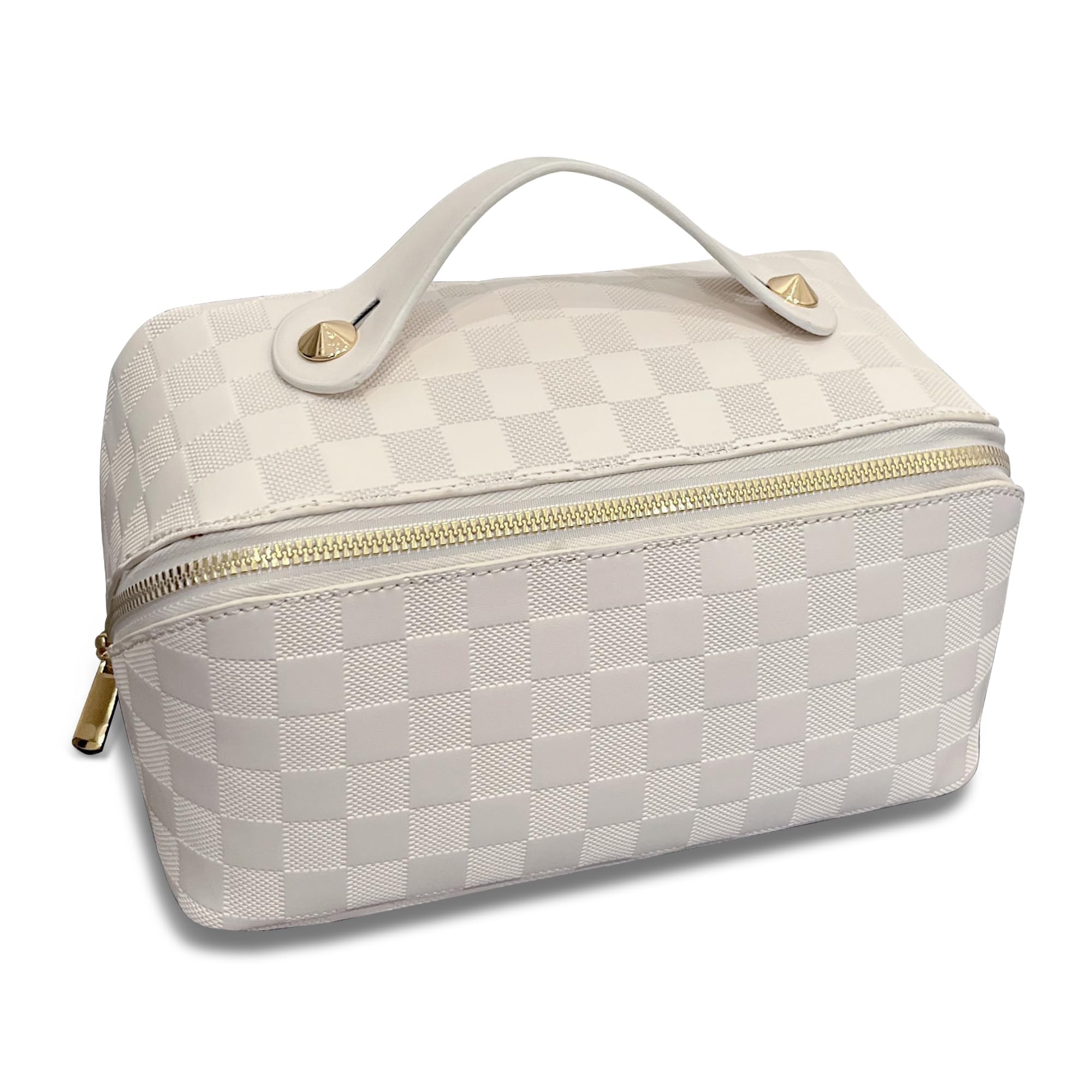 Large Checkered Makeup Bag for Women - Waterproof Travel Cosmetic Organizer with Multiple Pockets (White Checkered Pattern) | Perfect for Travel, Gym, Daily Use & Gift Giving