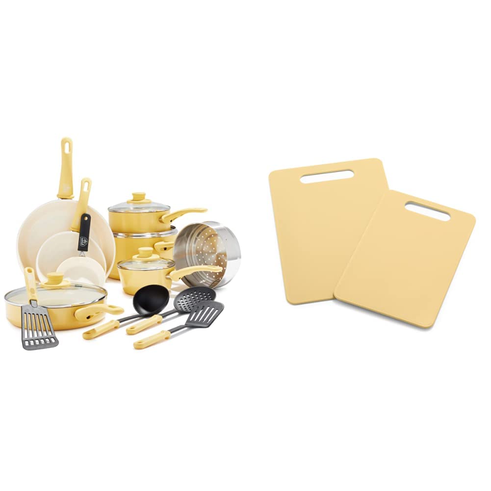 GreenLife 16-Piece Ceramic Nonstick Cookware Set with Kitchen Utensils & 2-Piece Bamboo Cutting Board Set - Yellow | Non-Toxic, PFOA-Free Pots & Pans for Healthy Cooking | Perfect for Frying, Boiling & Meal Prep