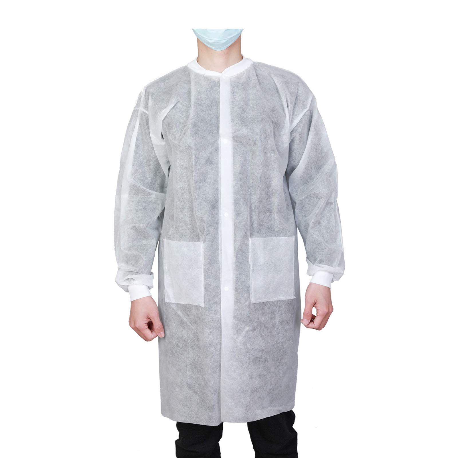 50 Pack Disposable Lab Coats for Adults - SMS Material, 2 Pockets, Knitted Collar & Cuffs (S-XXL) | Perfect for Medical Clinics, Laboratories & Cleanroom Environments