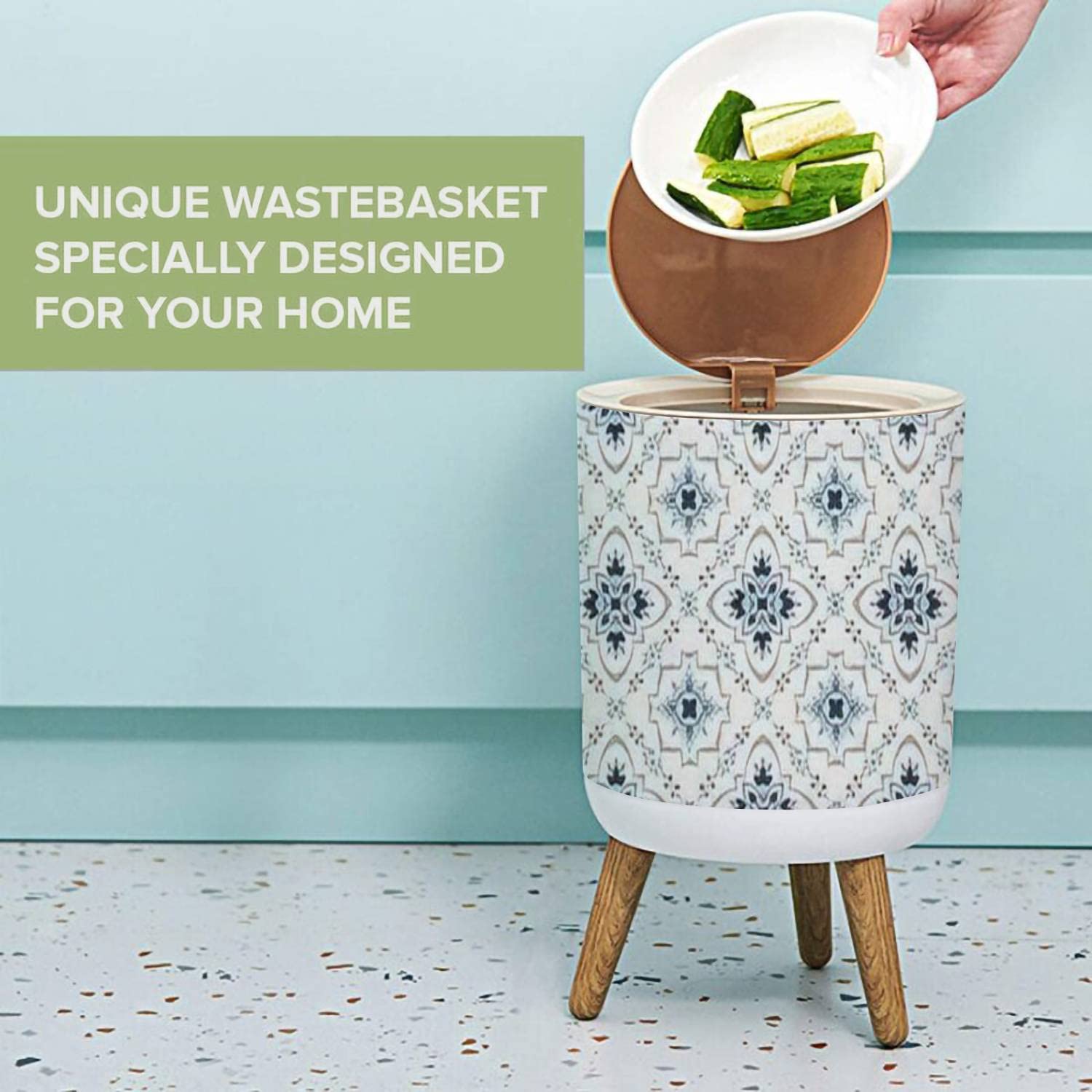 Small Trash Can with Lid - 1.8 Gallon Round Waste Bin with Press Cover, Talavera Azulejos Portuguese Turkish Moroccan Mosaic Tile Design, Dog-Proof Garbage Bin for Kitchen, Bathroom, Living Room | Perfect for Home, Office & Outdoor Use