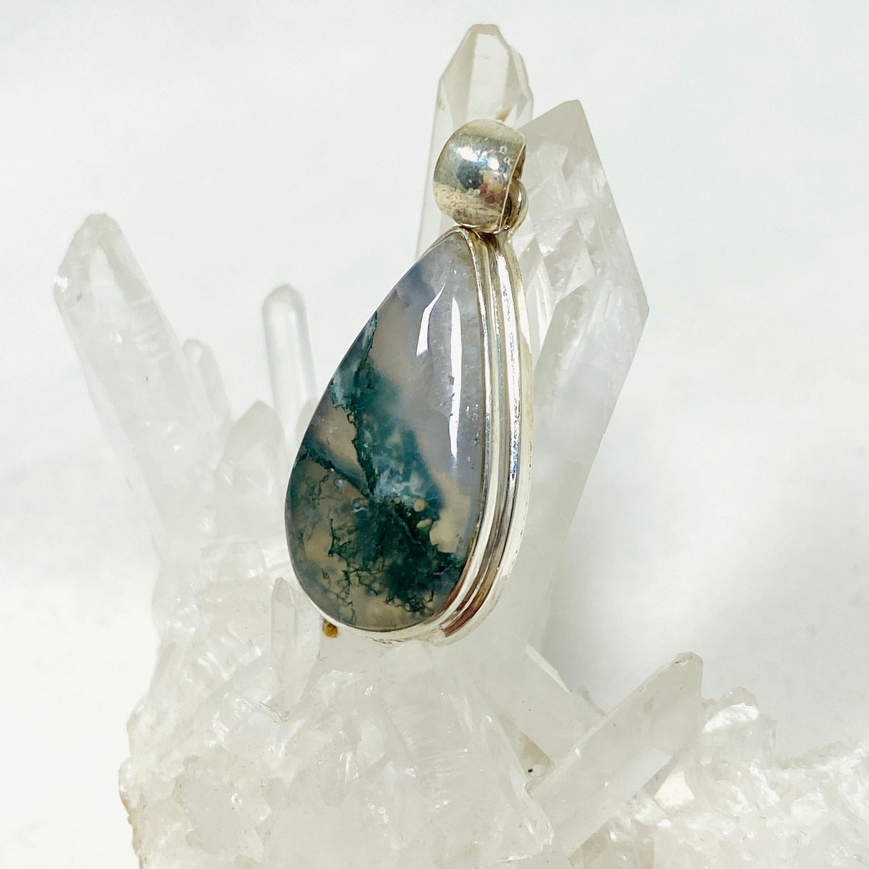 Natural Moss Agate Teardrop Pendant Necklace - 925 Sterling Silver Jewelry KPGJ3625 | Healing Crystal Gift for Women, Meditation & Spiritual Protection