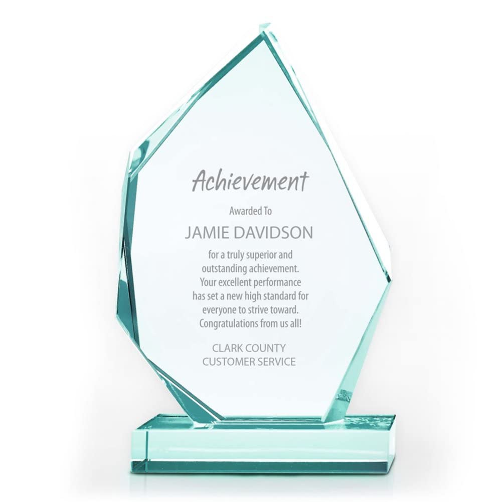 Baudville Custom Engraved Jade Glass Employee Award Trophy - Peak Design with Chiseled Details & Rectangular Base - Personalized Recognition Gift for Outstanding Performance (Perfect for Corporate Awards, Retirement Gifts & Milestone Celebrations)