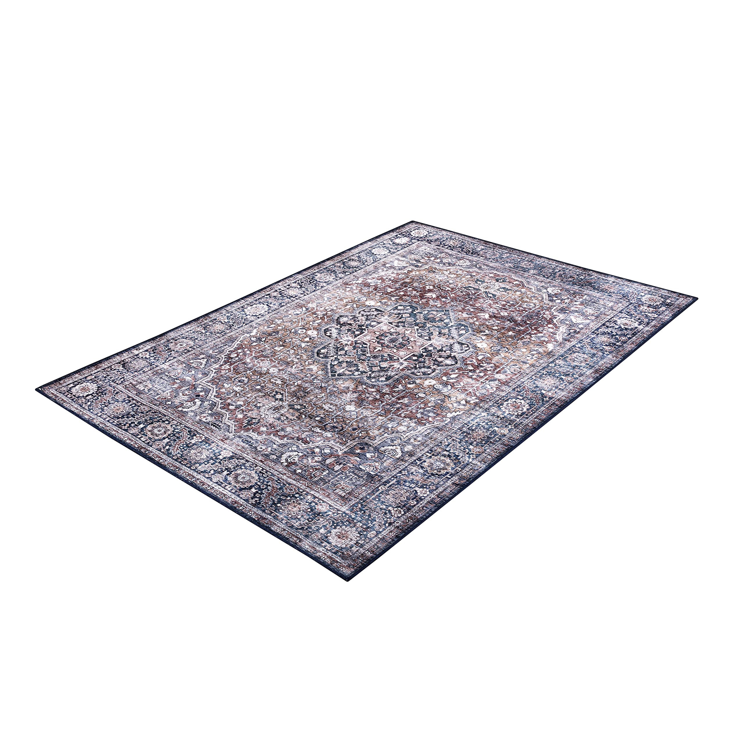 Abani 8' x 10' Vintage Rectangular Area Rugs - Blue & Brown Machine Washable Polypropylene Rug, Stain Resistant Non-Shedding Large Rug for Living Room, Bedroom, Dining Room & Office