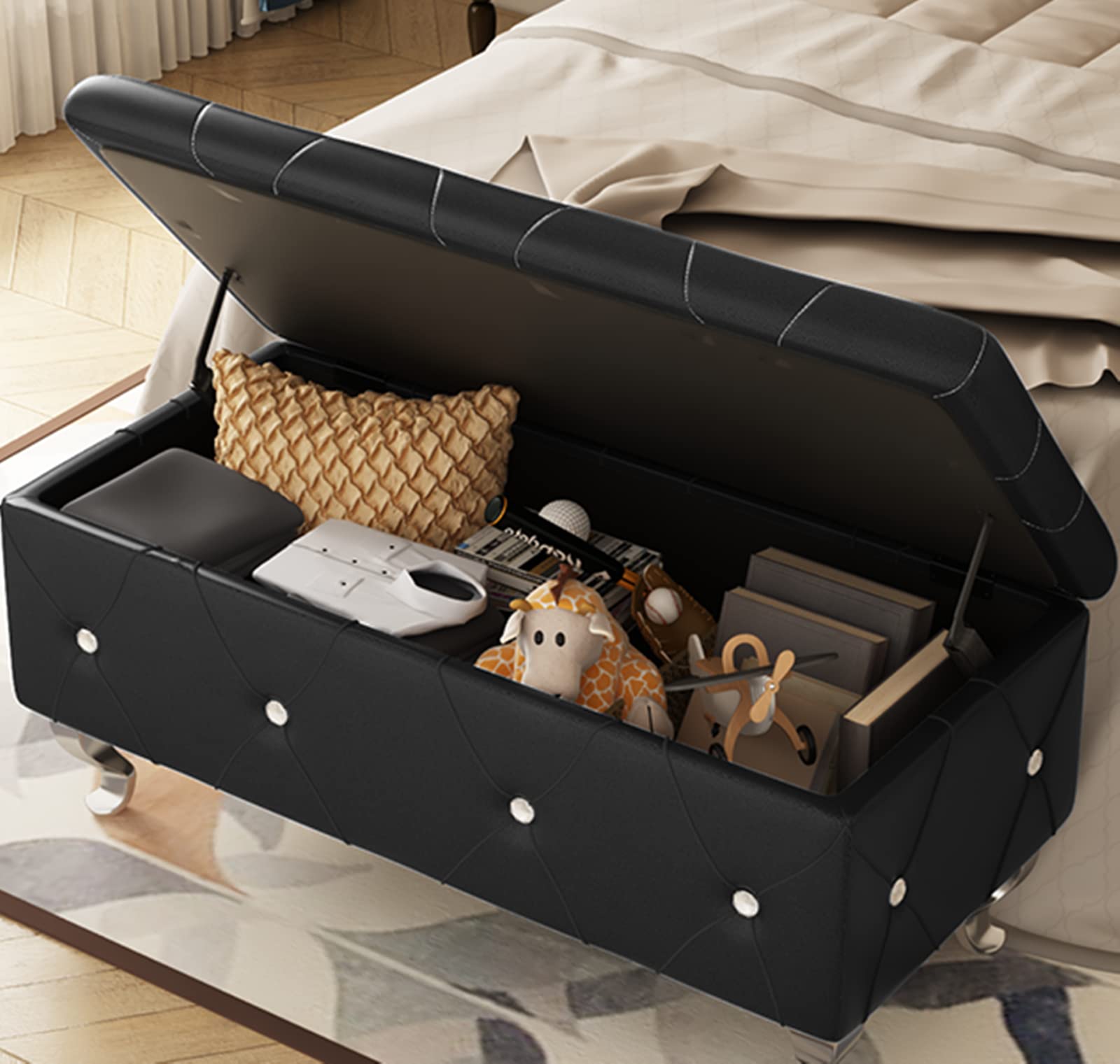PU Leather Storage Ottoman Bench with Button Tufted Design, 37.4