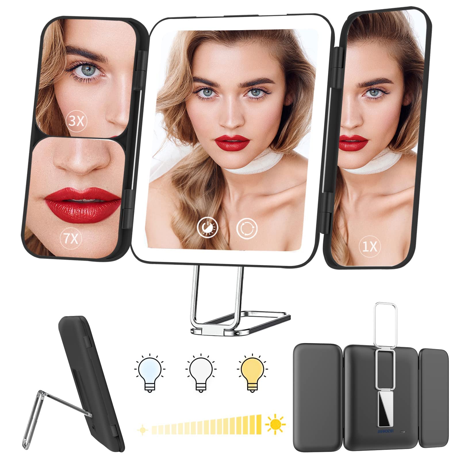 Rechargeable Travel Makeup Mirror with LED Lights - 1X/3X/7X Magnification, Touch Sensor - Perfect for Travel & Home Vanity