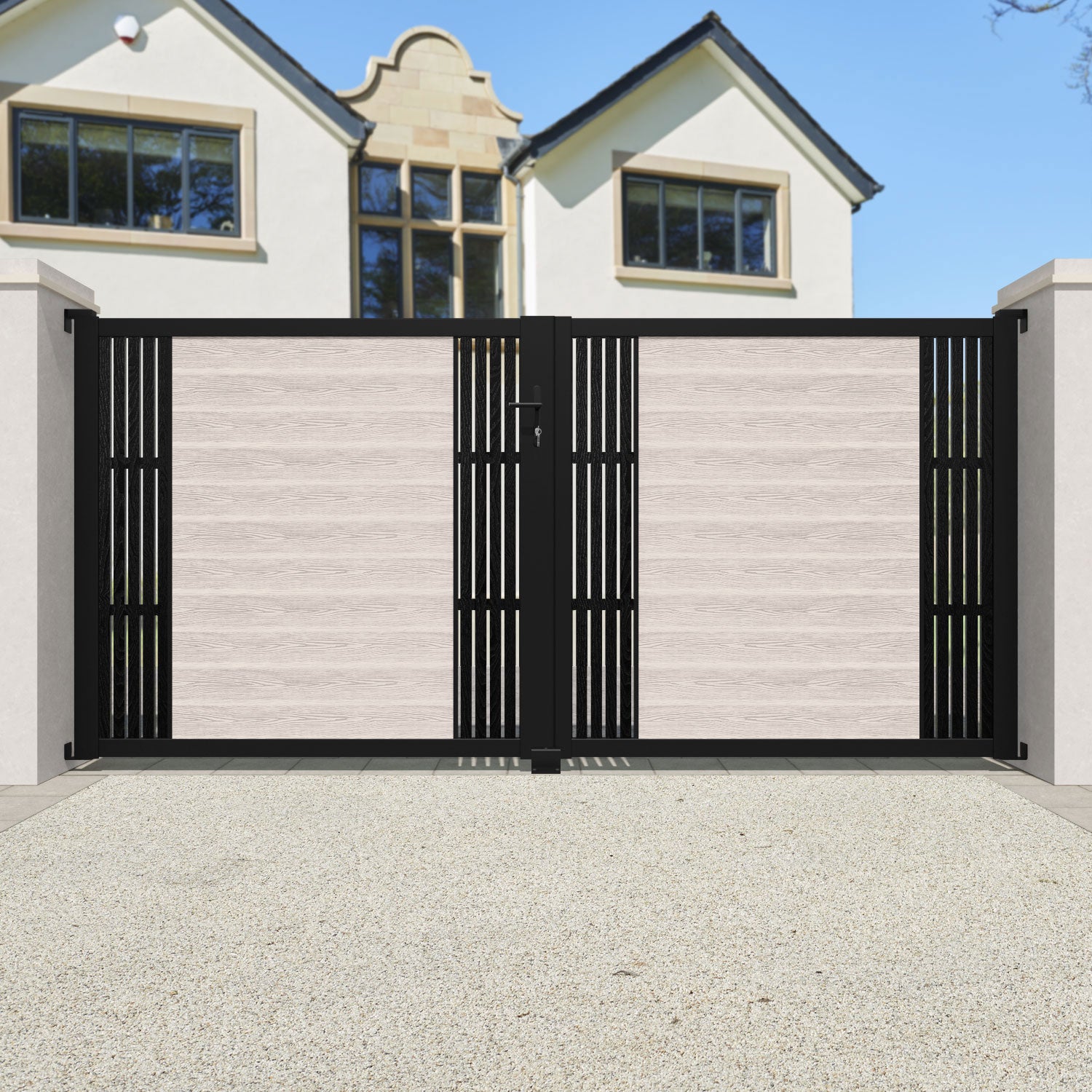 Classic Aspen Straight Top Driveway Gate - Mid Stone Design with Middle & End Screen | Durable Driveway Entrance Solution for Homes & Commercial Properties