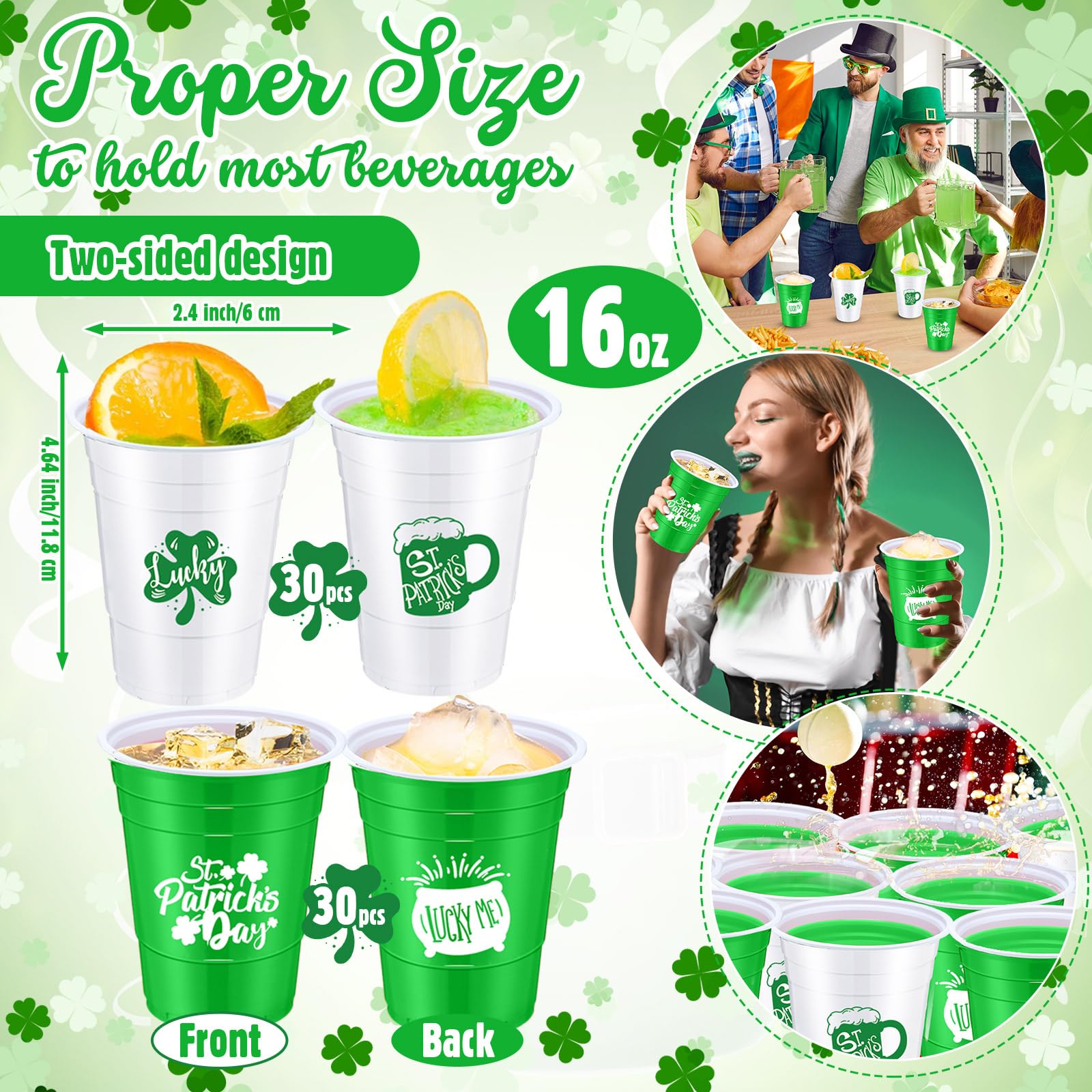60 Pcs 16oz St. Patrick's Day Plastic Cups - Green & White Shamrock Disposable Party Cups with Lucky Clover Design for Beer, Beverages & Celebrations - Perfect for St. Patty's Day Parties, Irish-Themed Events & Home Decorations