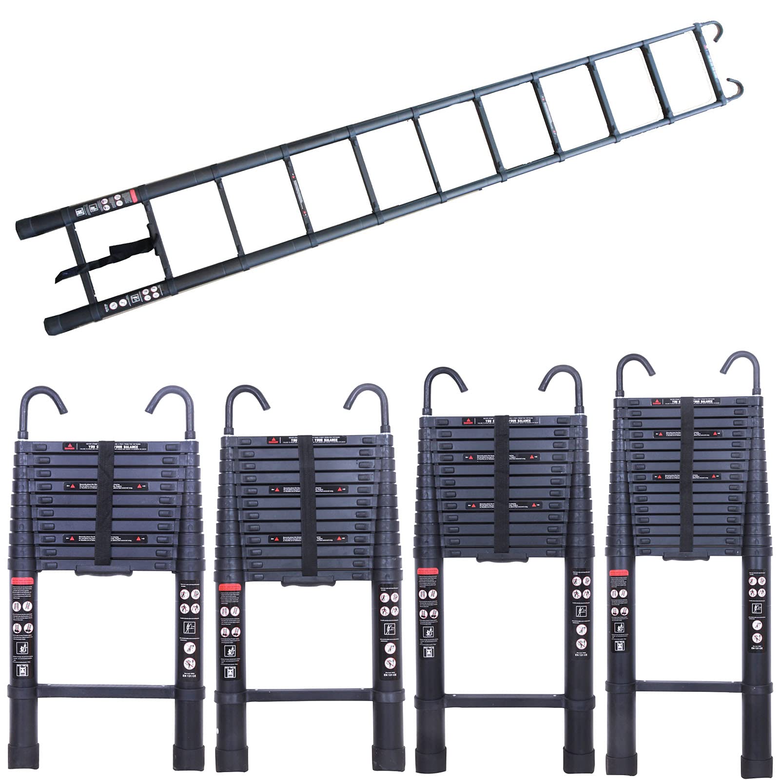 10.5FT Aluminum Telescoping Extension Ladder - Heavy Duty 330lb Capacity, Portable Folding Ladder with Detachable Hooks & Anti-Slip Rubber Feet (EN131 Certified) - Perfect for Home Repairs, Roofing, Painting and Construction Work