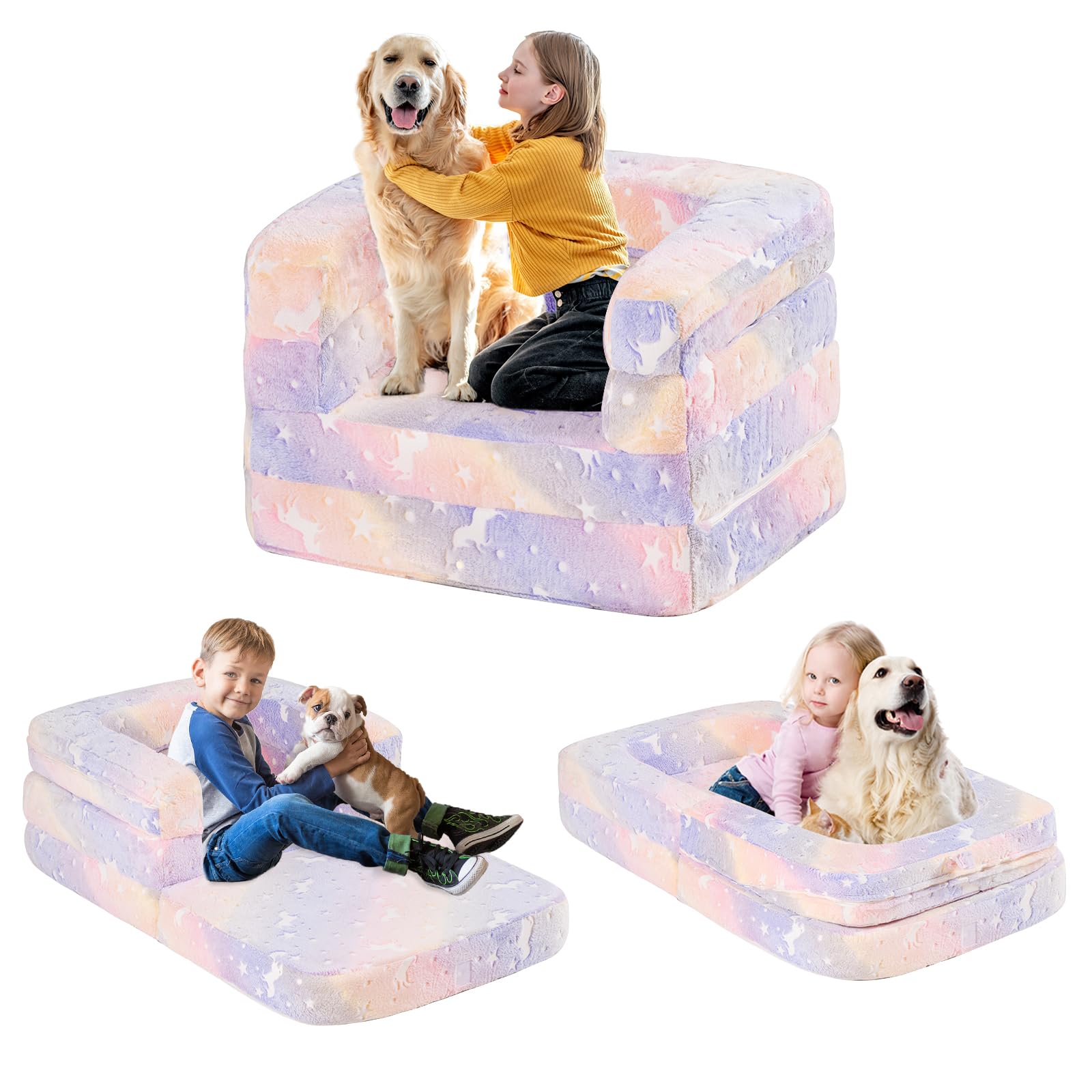 Tiita 3-in-1 Convertible Kids Sofa Bed - Plush Toddler Chair & Portable Travel Bed with Washable Cover & Carrying Handle - Perfect for Nursery, Playroom & Travel - Gift for Boys & Girls