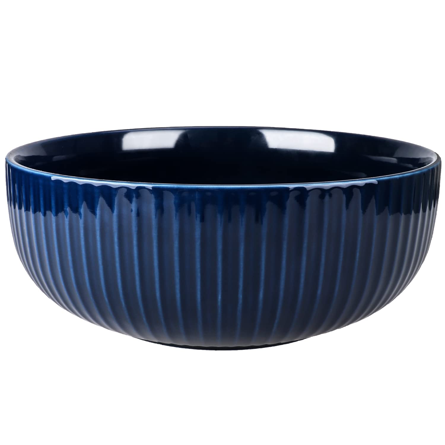 Extra Large 95oz Ceramic Salad Bowl - 2800ml Navy Blue Round Vertical Stripe Serving Bowl for Fruits, Noodles & Soup (23.5x8.8cm) | Perfect for Family Dinners, Party Serving & Kitchen Decor