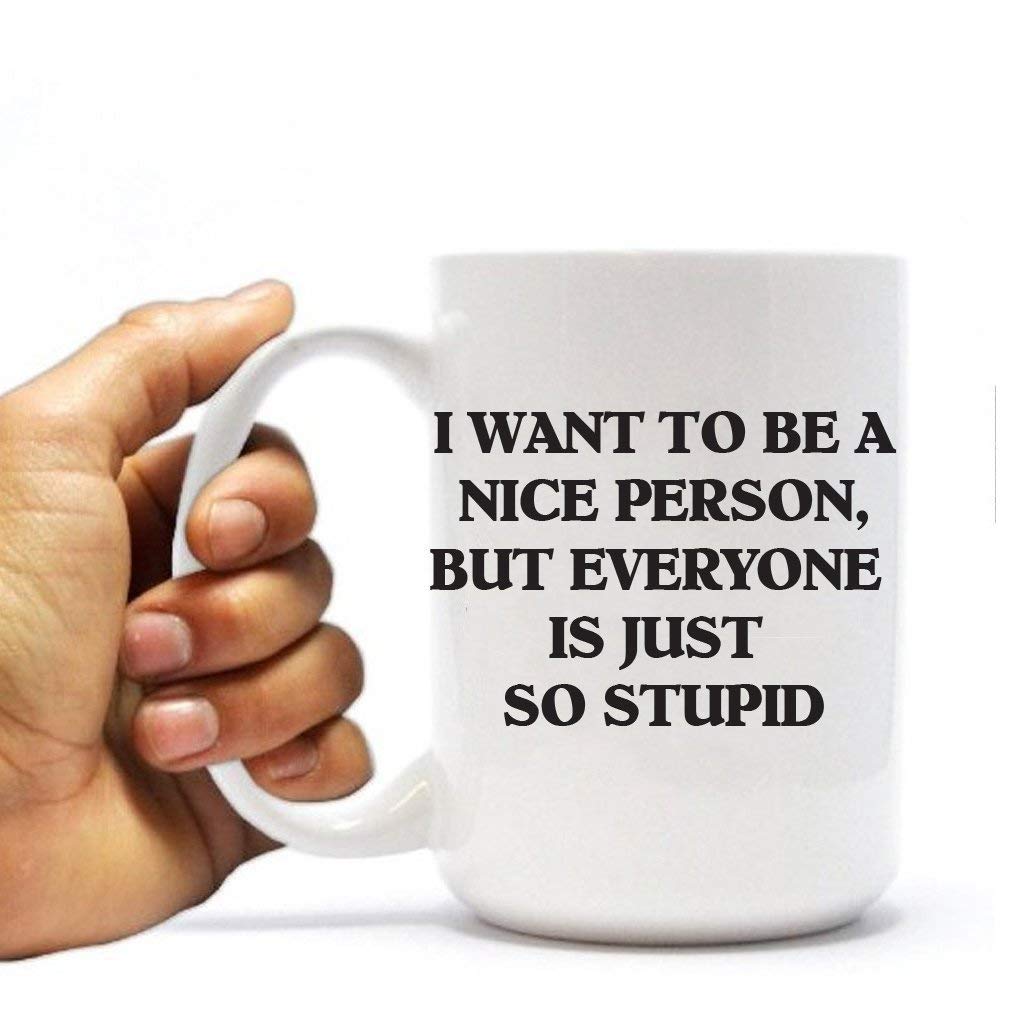 VictoryStore 15oz Large Ceramic Coffee Mug - Funny Sarcastic Quote 'I Want To Be A Nice Person But Everyone Else Is Just So Stupid' - Perfect Gift for Office, Home & Coffee Lovers