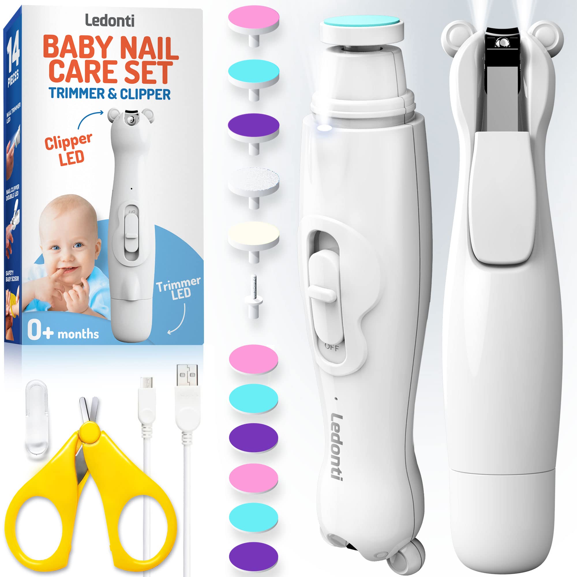 Electric Baby Nail Trimmer Kit with LED Light - Safe Nail Clippers & Grinder for Newborns, Infants & Toddlers - Complete Manicure Set with Nail File & Scissors - Perfect for Gentle At-Home Baby Nail Care & Travel Use