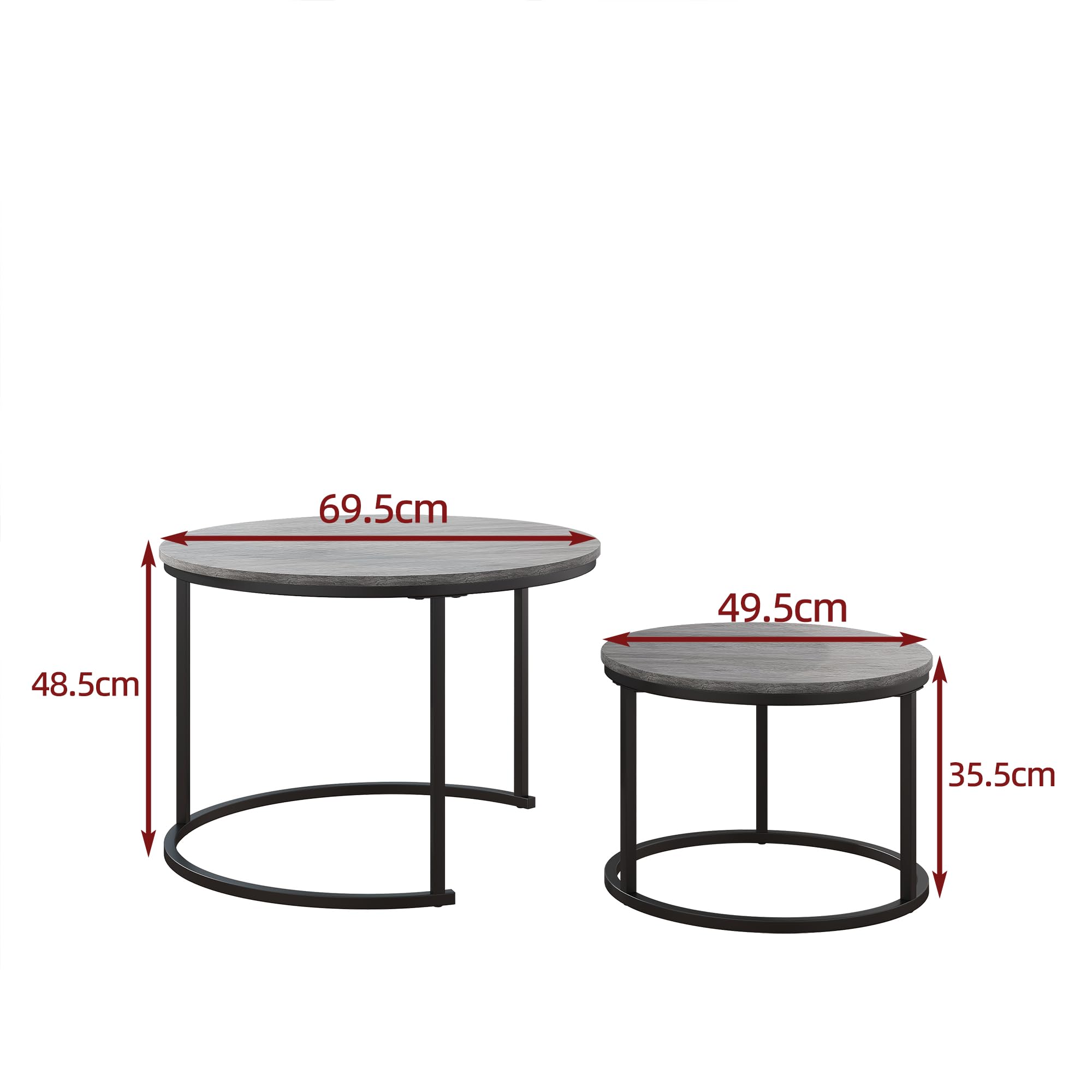 Round Nesting Coffee Table Set of 2 - Modern Wooden Accent End Tables with Metal Frame for Living Room, Stackable Side Tables in Black & Warm Grey - Perfect for Small Spaces, Apartments & Cozy Home Decor