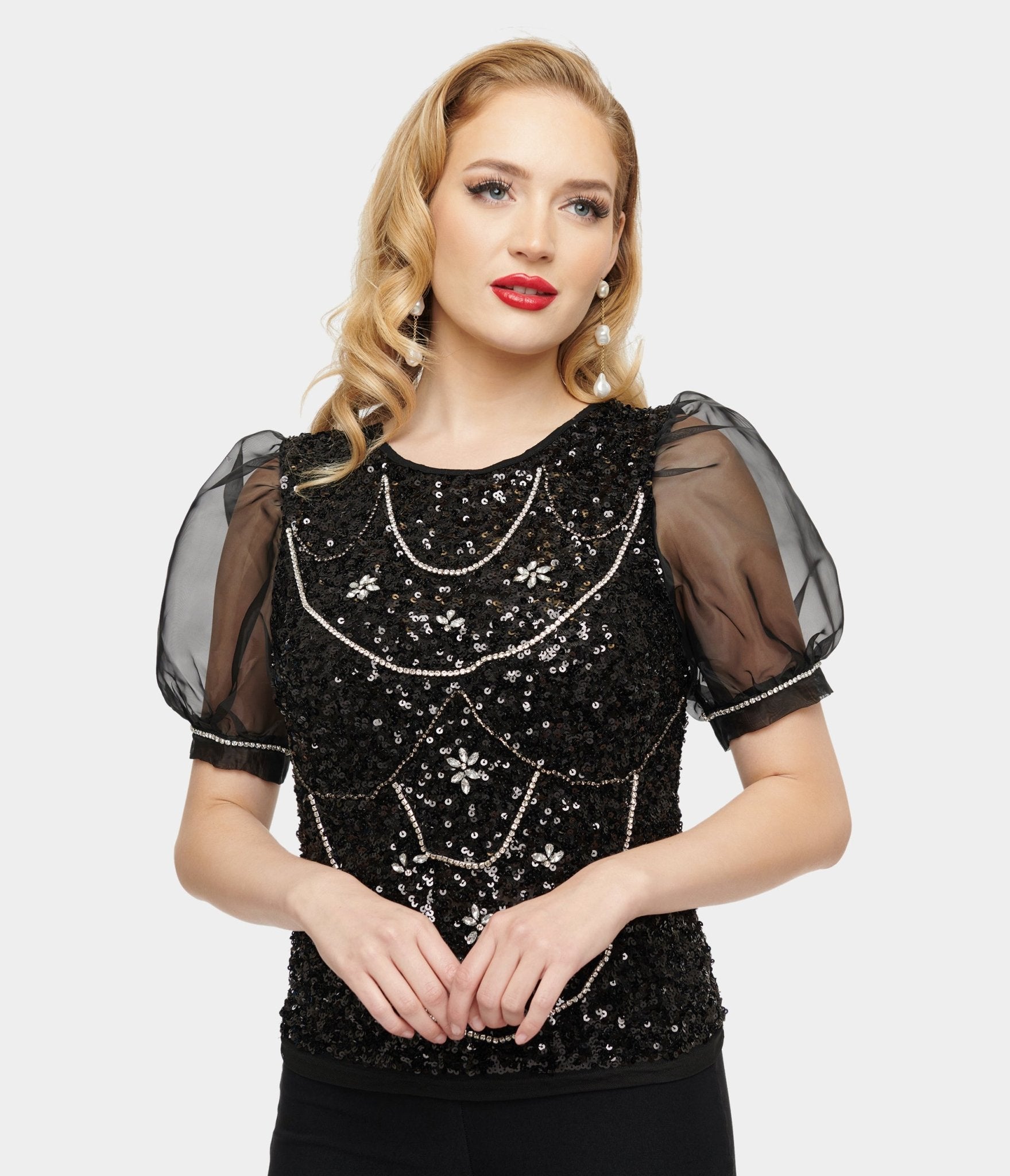 Vintage 1980s Black Sequin & Rhinestone Organza Blouse - Retro Party Top for Women, 80s Costume, Nightclub Outfit, Halloween & Themed Events
