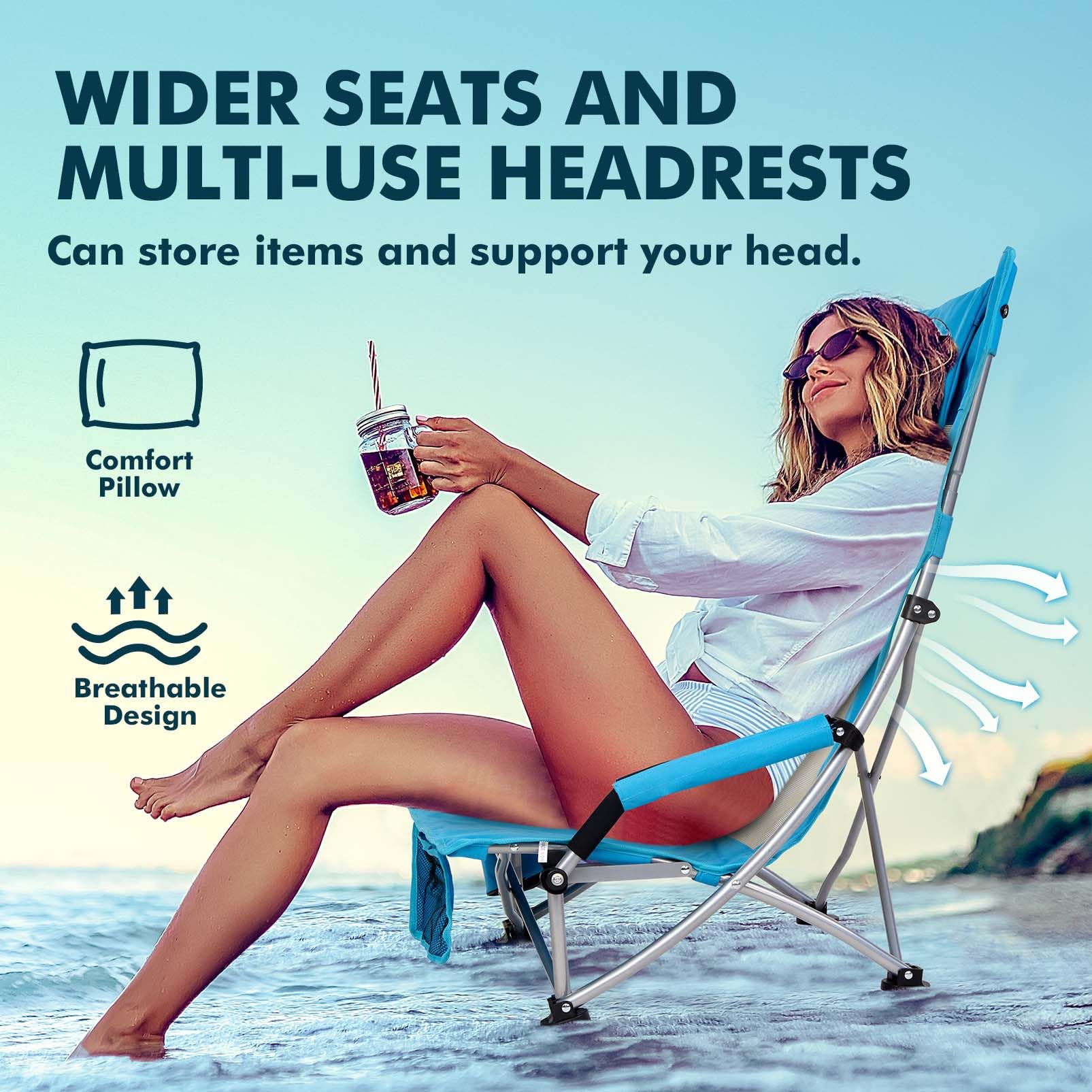 AKSOUL Portable Folding Beach Chair for Adults - Adjustable High/Low Back, Extra Wide Seat with Comfortable Pillow & Storage Pocket - Includes Carry Bag (1 Pack & 2 Pack, Blue) - Perfect for Beach, Camping, Picnics, Backyard & Outdoor Relaxation