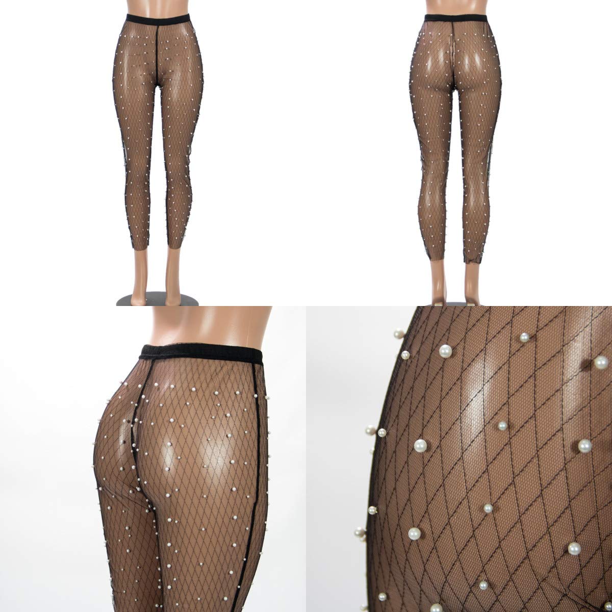 AIBEARTY Women's Sexy Sheer Mesh Pantyhose with Pearl Beads - Stretchy Skinny Leggings & Tights for Party, Date Night, and Fashion Outfits