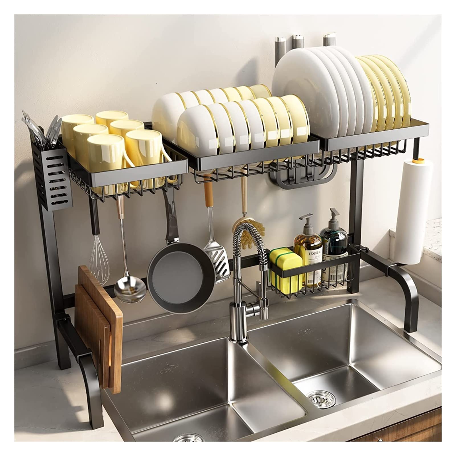 Stainless Steel Over Sink Dish Rack with Cutlery Drainer - Adjustable Kitchen Counter Dish Drainer, Anti-Rust Sink Drainer & Vegetable Rack for Kitchen Organization | Perfect for Small Spaces, Apartment Living & Compact Kitchen Countertops