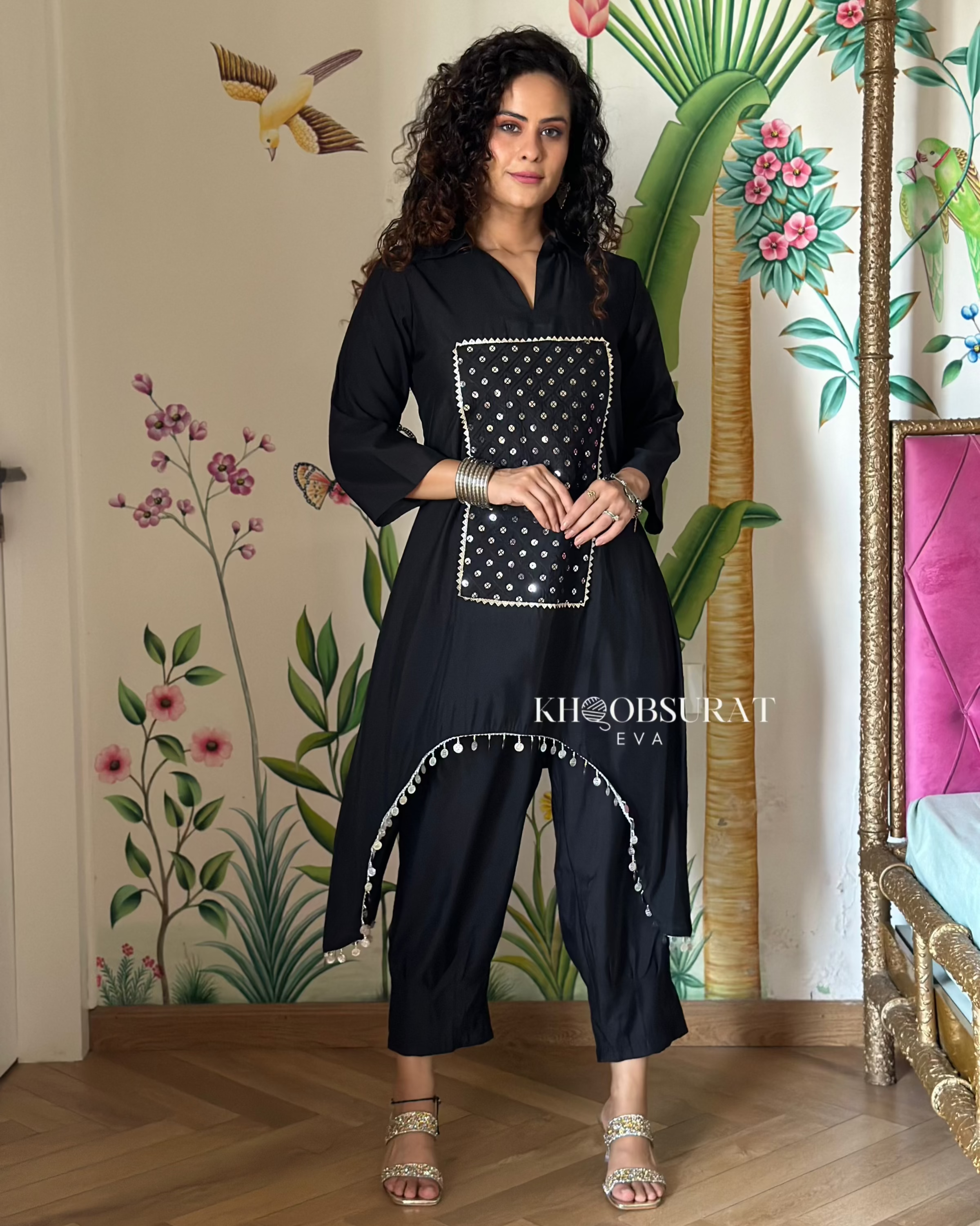 Glowy Fox Black Sequin Kurta Set for Women - Stylish Indian Ethnic Wear for Parties, Weddings & Festive Occasions