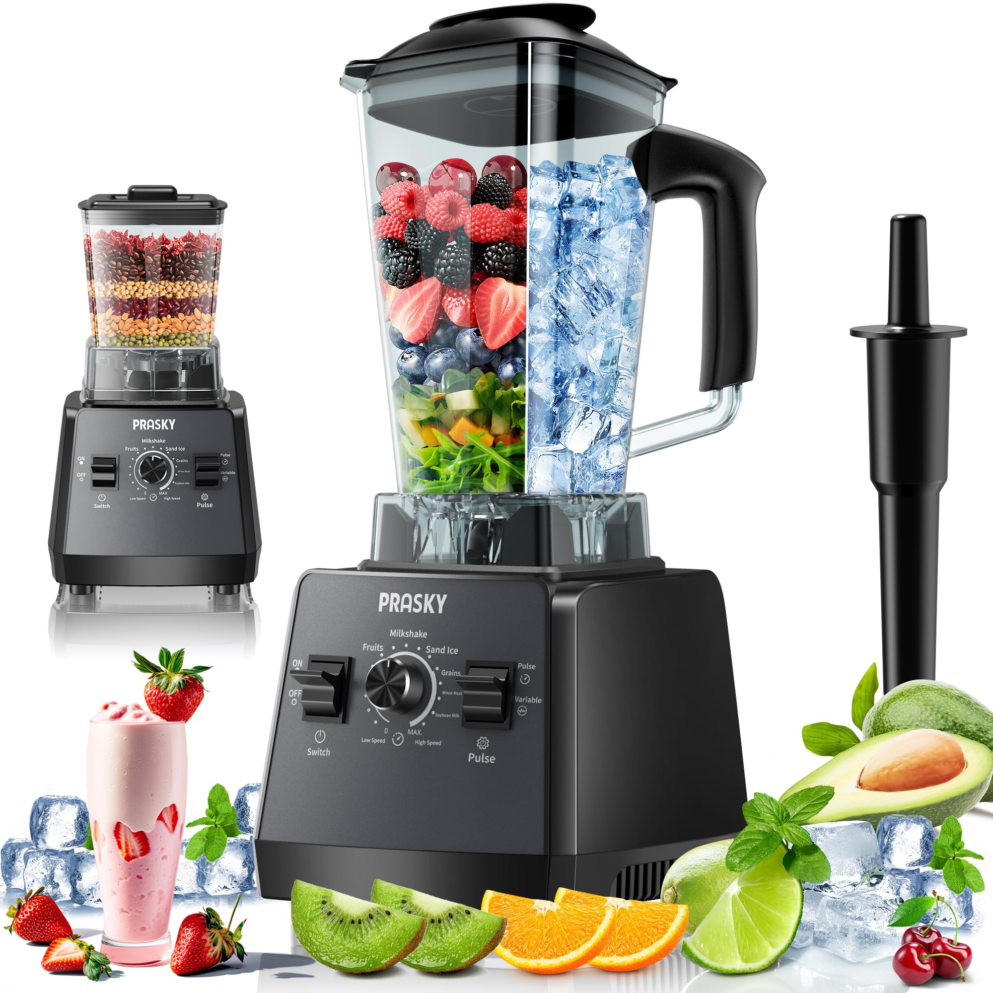 PRASKY 2400W High-Speed Professional Blender for Smoothies, Juices & Ice Crushing - 68oz BPA-Free Container with Grinder Attachment - Powerful Kitchen Blender for Shakes, Frozen Drinks & Food Prep (2 Containers Included) - Perfect for Home Bars, Healthy Smoothies & Meal Preparation