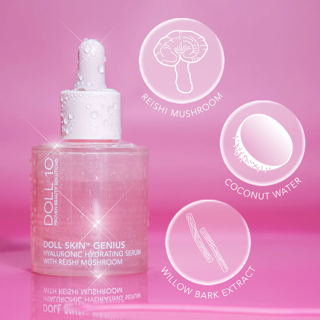 Doll 10 Hyaluronic Acid & Reishi Mushroom Anti-Aging Face Serum for Hydration & Skin Repair - Best for Dry, Sensitive & Mature Skin - Day & Night Skincare Routine