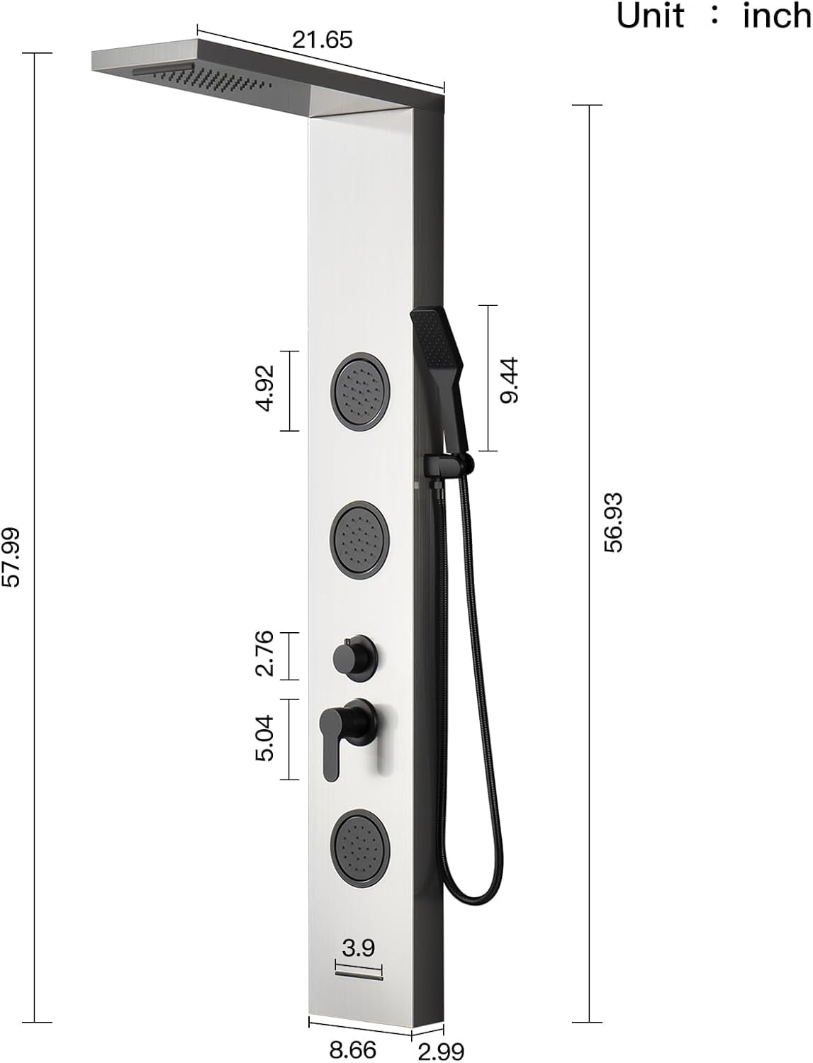 Premium Stainless Steel Shower Panel Tower System with Rainfall Shower Head, 3 Body Jets, Handheld Shower Wand & Tub Spout - Multi-Function Brushed Nickel Shower Tower for Luxury Bathroom Spa Experience