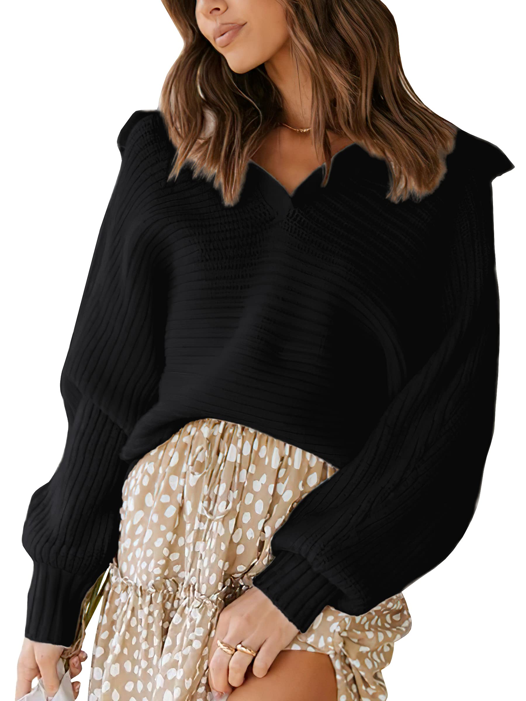 ECOWISH Women's Knit Sweaters - V Neck Pullover Long Sleeve Plain Sweater for Fall & Winter | Casual Office Wear & Weekend Outfits
