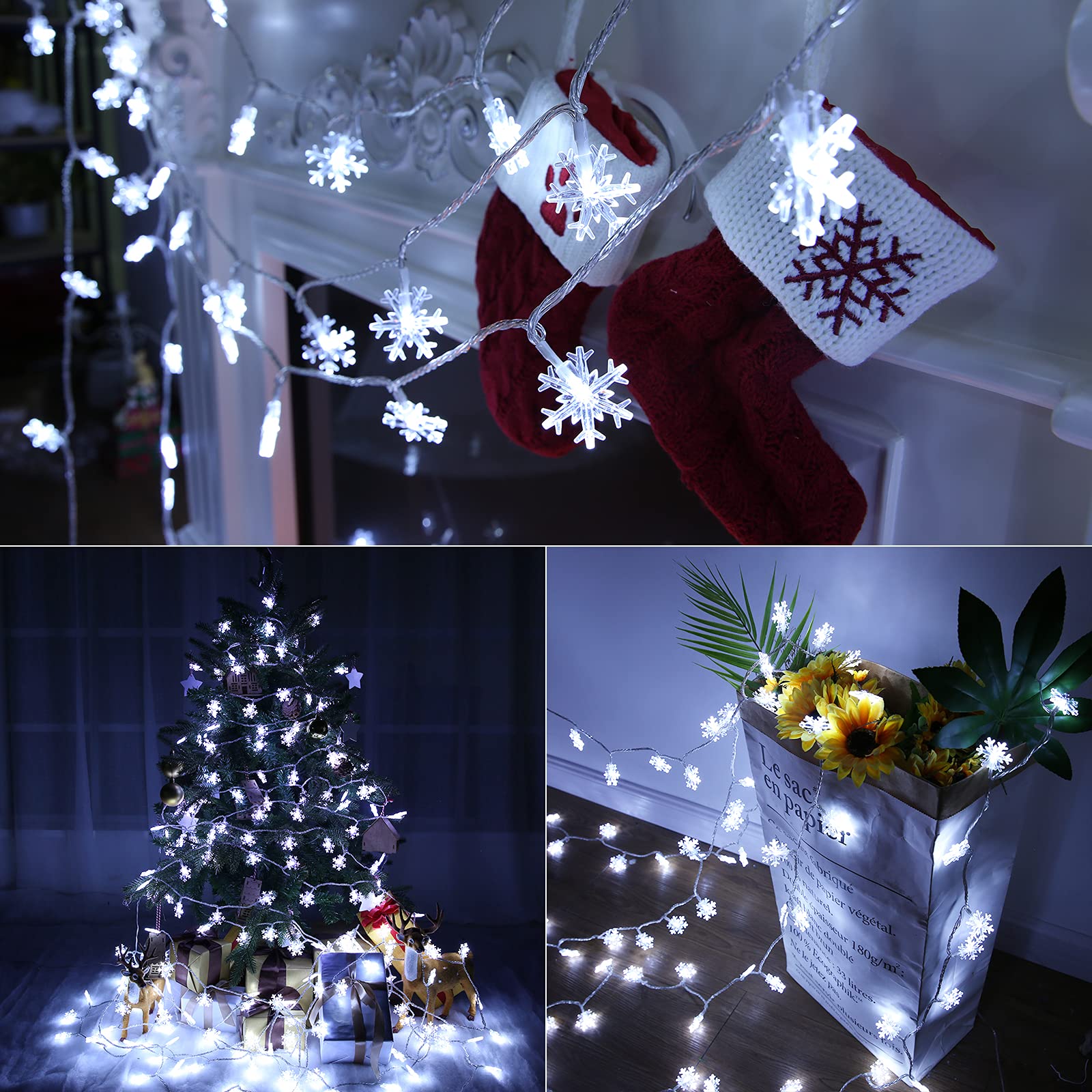 LYHOPE 49ft 100 LED Snowflake Christmas Lights - Waterproof Fairy String Lights with 8 Modes & Timer for Indoor Outdoor Decor - Perfect for Bedroom, Garden, Xmas Tree, and Holiday Party Decorations (Clear White)