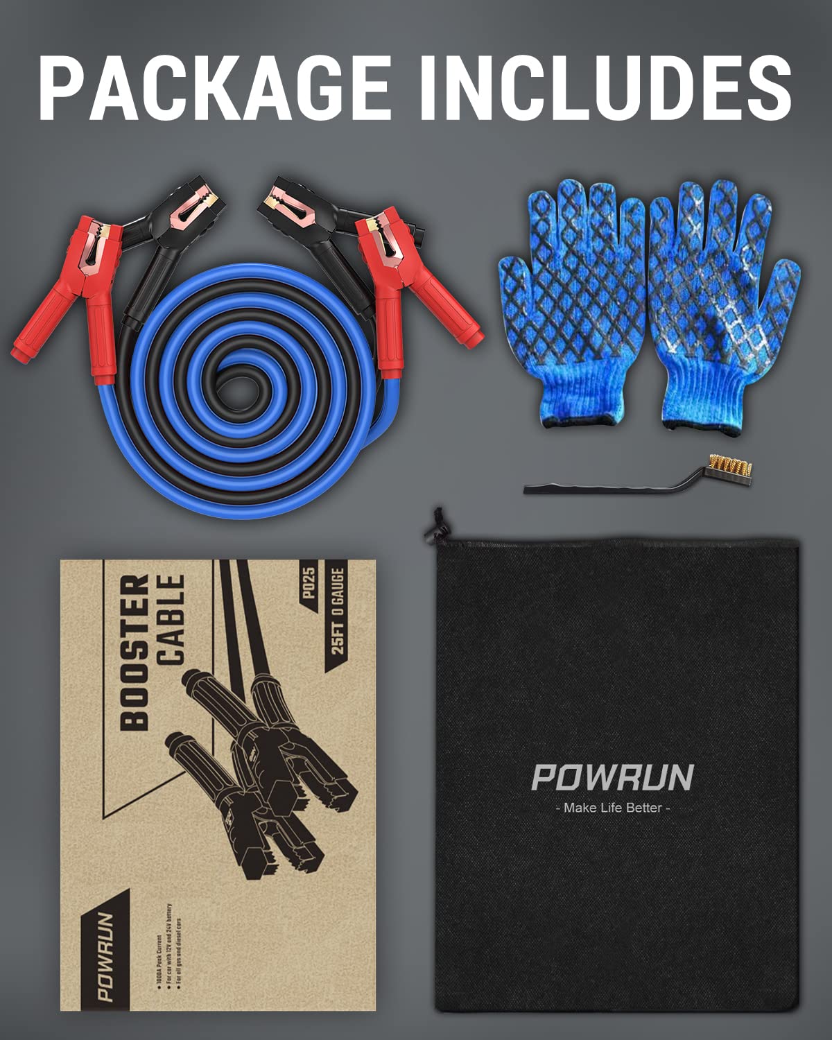 Powrun P025 Heavy Duty 1000A Jumper Cables for 12V/24V Car Battery - Booster Cables with Carrying Bag for Vehicles up to 8.0L Gas & 6.0L Diesel Engines - Emergency Car Jump Starter Kit for Trucks, SUVs, and Sedans