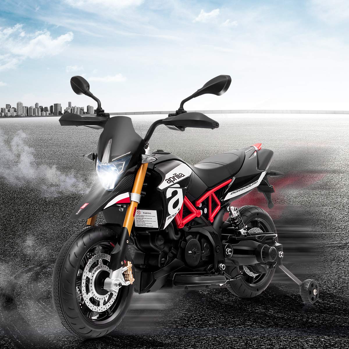 HOMGX 12V Kids Ride on Motorcycle - Licensed Apulia Design with LED Lights & Music, Battery Powered Motor Bike with Detachable Training Wheels (Black) | Perfect Gift for Boys & Girls Ages 3-8 | Indoor & Outdoor Play, Birthday & Christmas Present