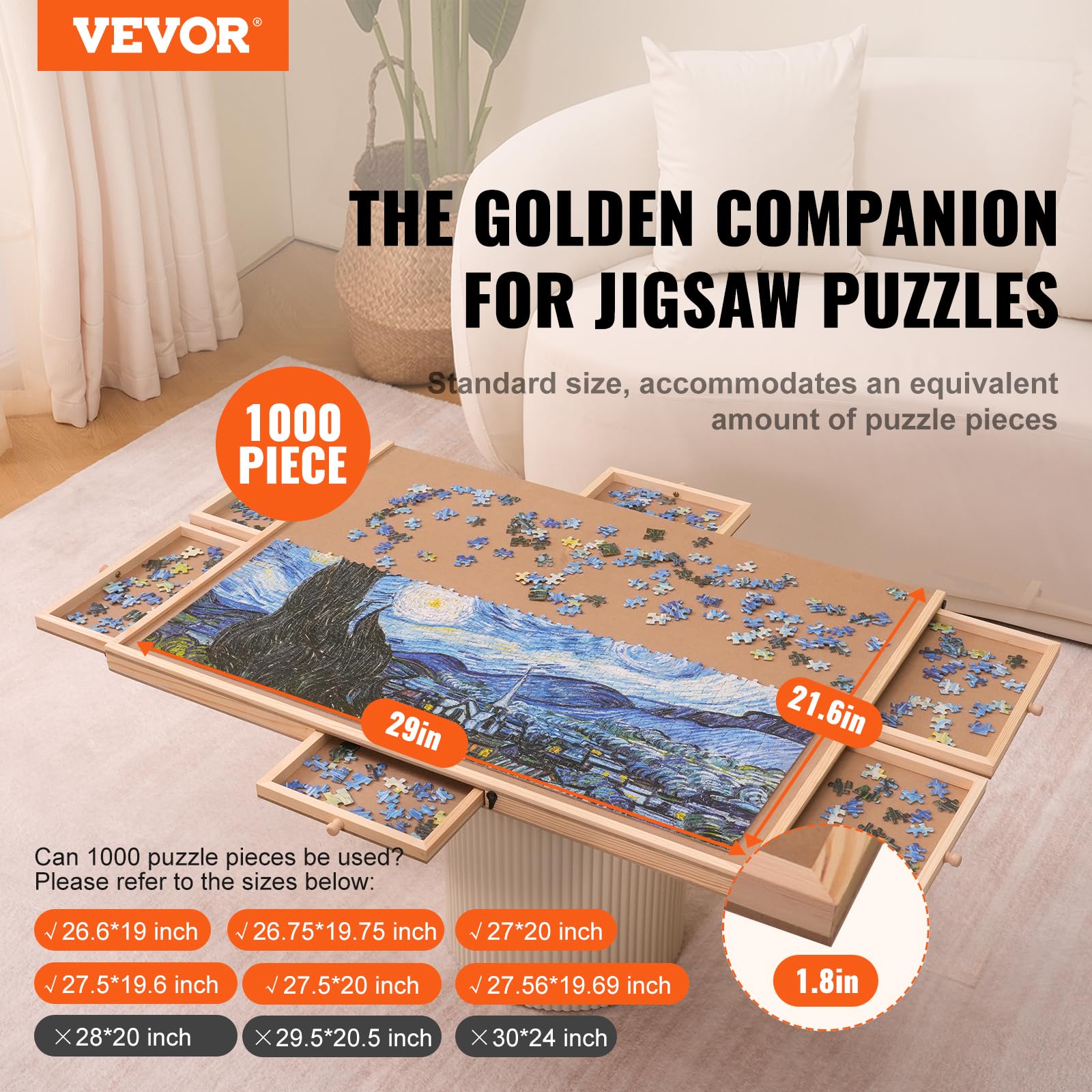 VEVOR 1000 Piece Puzzle Board with 6 Drawers & Cover - 29