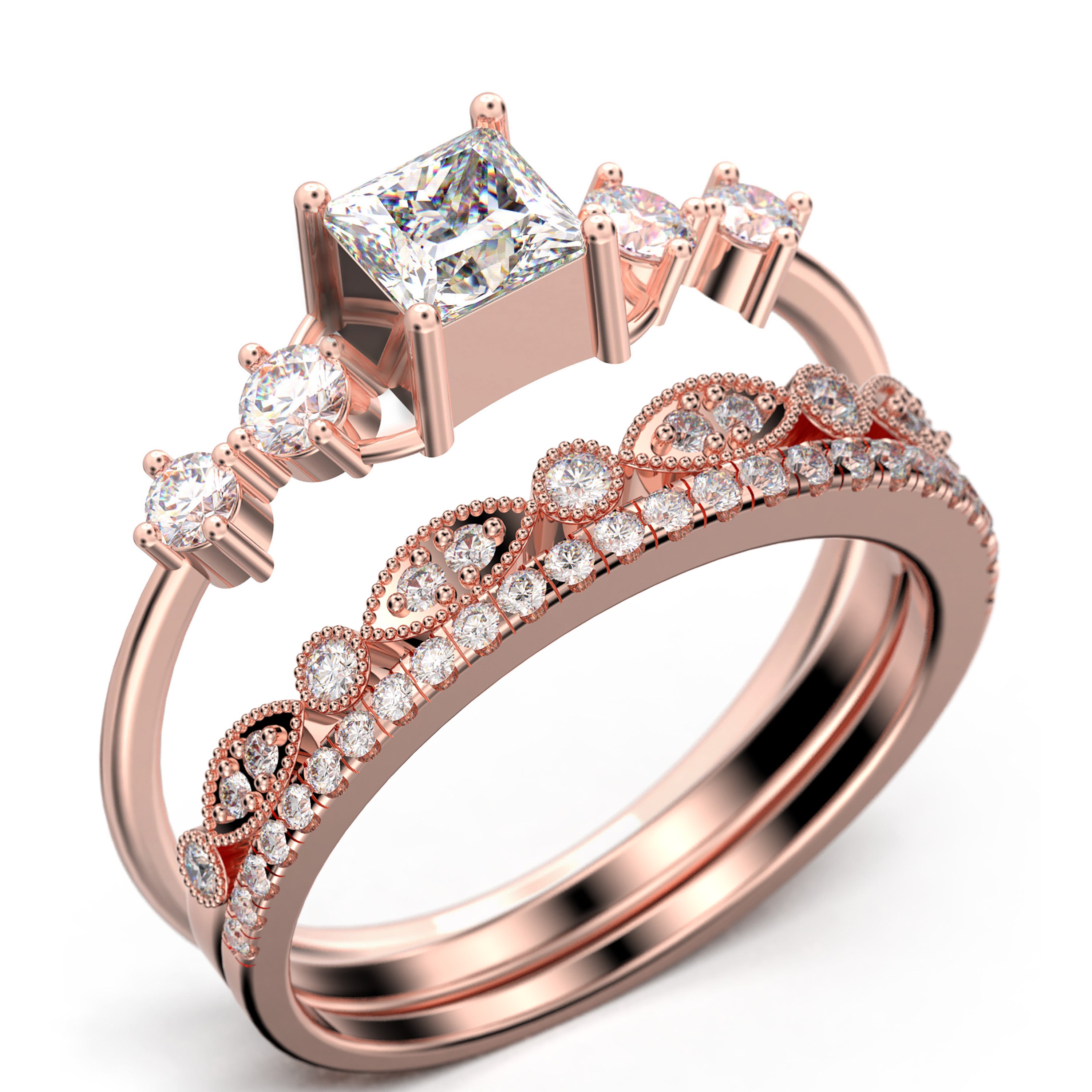 1.75 Carat Princess Cut Moissanite Engagement Ring Set - 925 Sterling Silver with 18k White Gold Plating - Minimalist Anniversary & Wedding Band Trio - Perfect for Proposals, Vows Renewal & Special Occasions