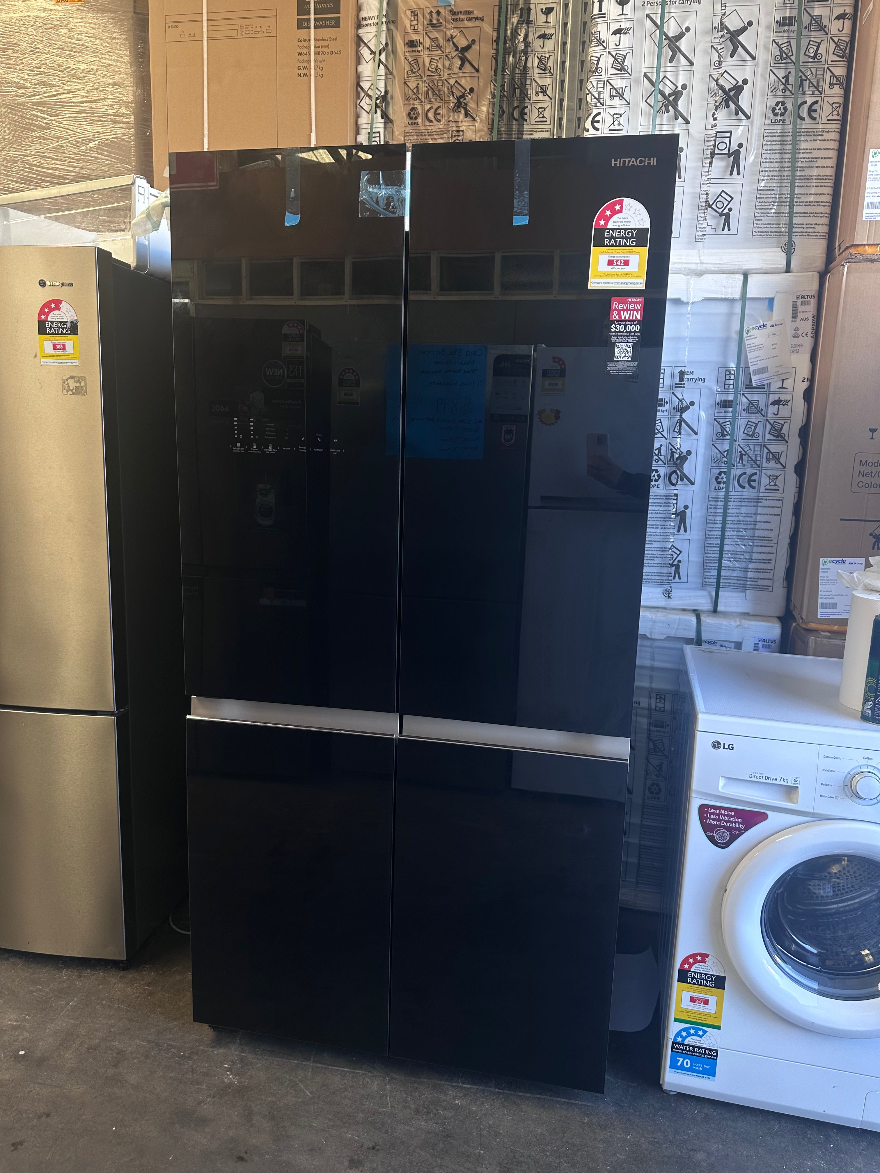 Hitachi 638L French Door Refrigerator with Black Glass - RWB640VT0GBK Model [Factory Second, No Damage] - Perfect for Modern Kitchens and Open-Concept Homes