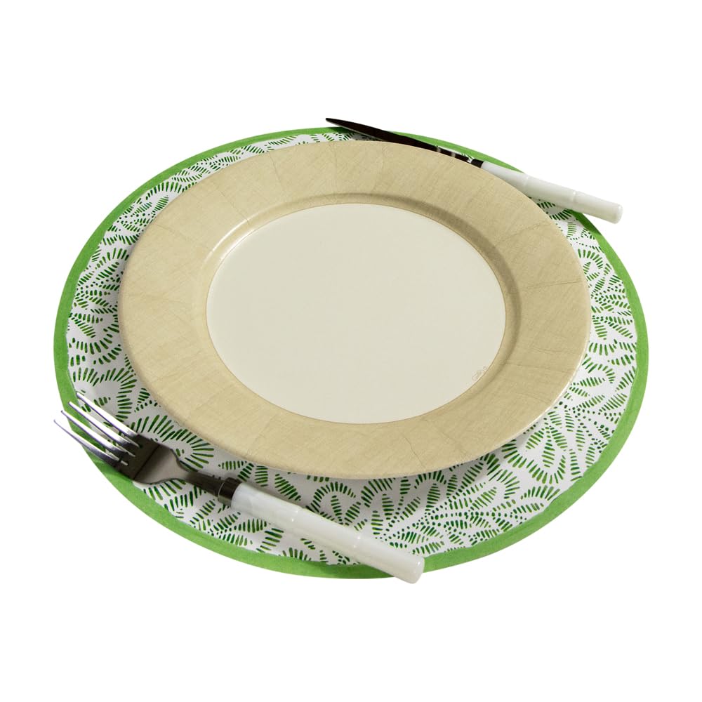 Eco-Friendly Caspari Block Print Leaves Round Paper Placemats - Set of 48 Green Decorative Placemats for Dining Table, Party & Home Decor