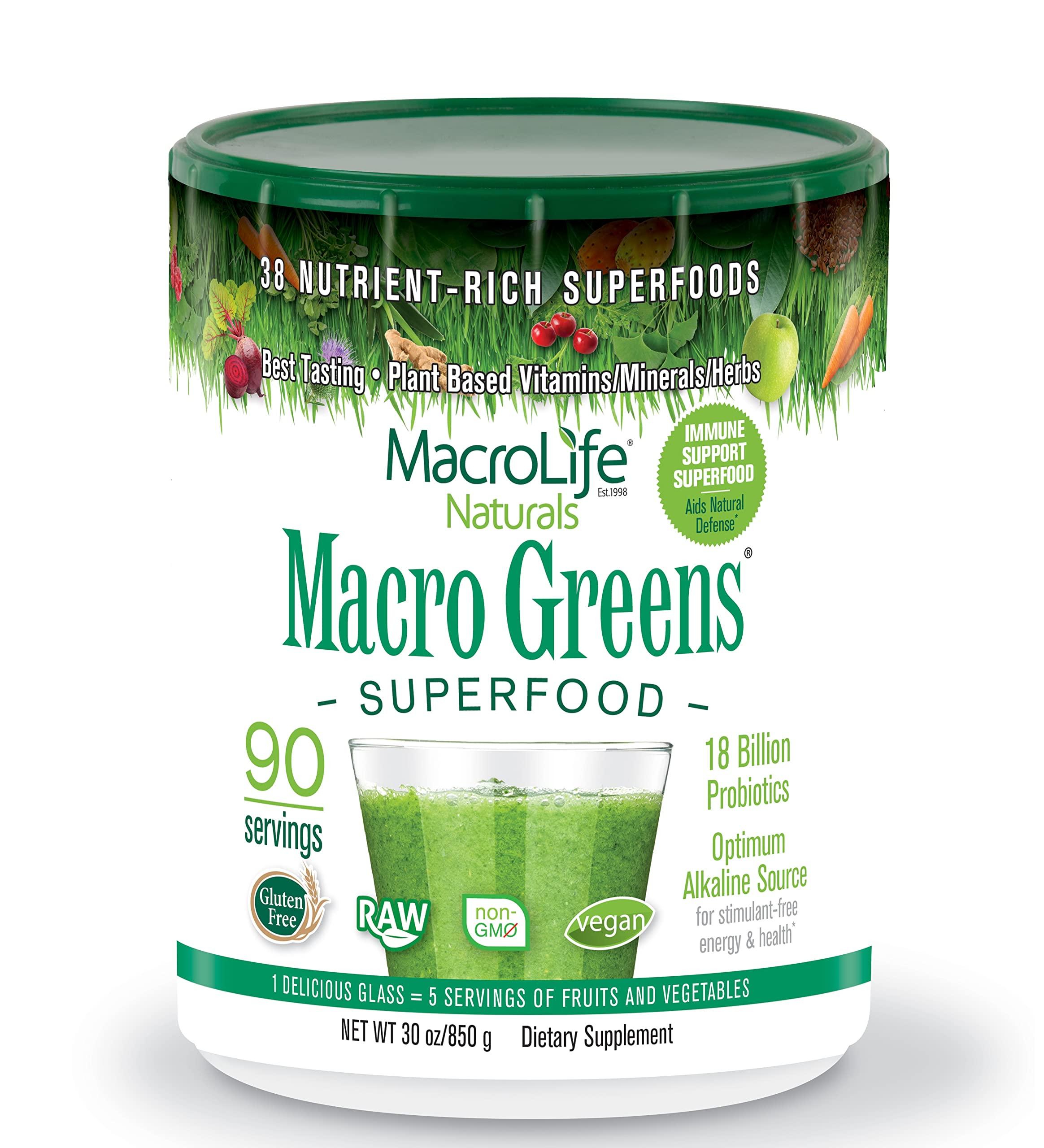 MacroLife Naturals Macro Greens Powder - 38 Superfoods with Probiotics, Antioxidants & Enzymes for Immunity, Energy & Detox - Vegan, Non-GMO, Gluten-Free, Dairy-Free - 30oz (90 Servings) - Perfect for Daily Wellness, Post-Workout Recovery & Immune Support